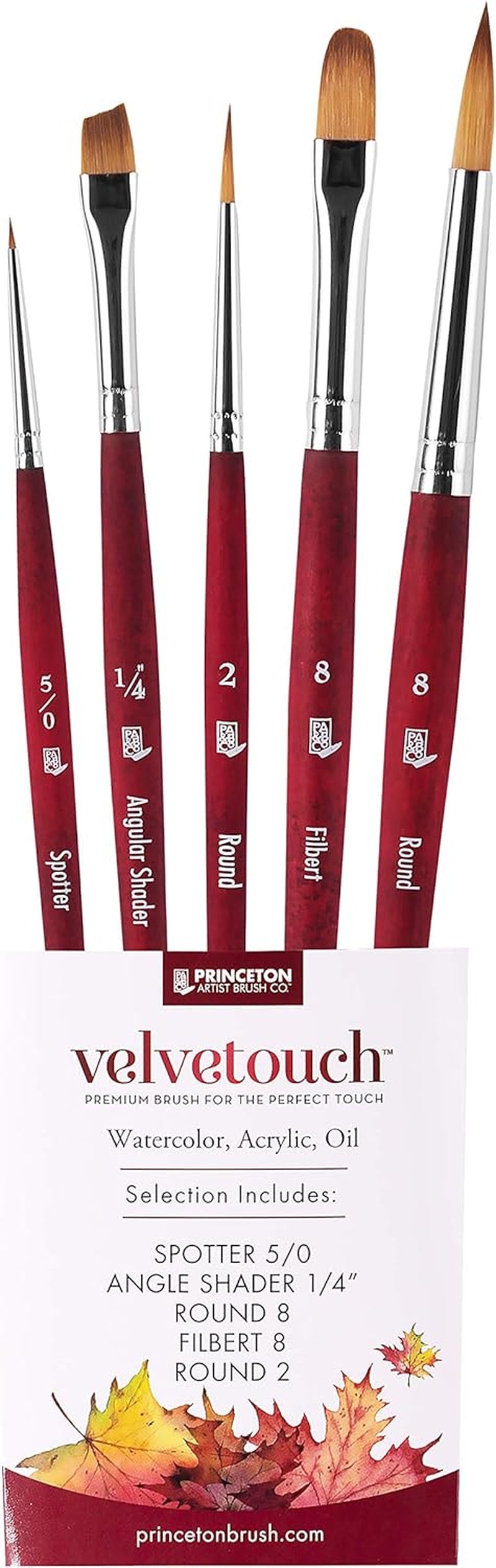 Velvetouch, Series 3950, Paint Brush for Acrylic, Oil and Watercolor, Set of 5 Spotter 5/0, Angle Shader ¼”, round 8, Filbert 8, round 2