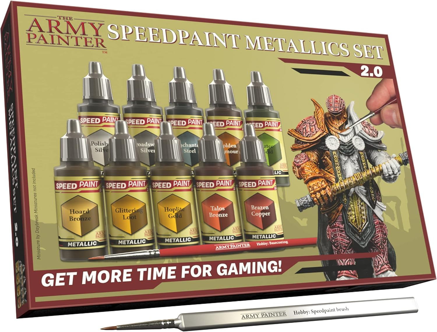 Speedpaint Metallics Set 2.0+ - 10 Speed Model Paint Kit - Pre-Loaded with Mixing Balls, 1 Basecoating Model Paint Brush, Army Painter Speed Paint Metallic Miniature Painting Kit