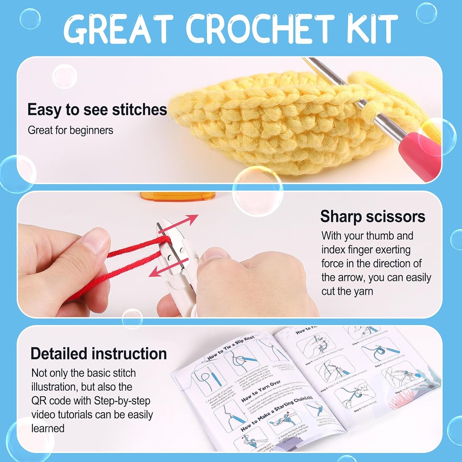 Crochet Kit for Beginners, Beginner Crochet Kit for Adults & Kids with Step-By-Step Video Tutorials, Knitting Kit, 4 Pattern Crochet Animal Kit - Whale, Jellyfish, Sea Horse and Octopus
