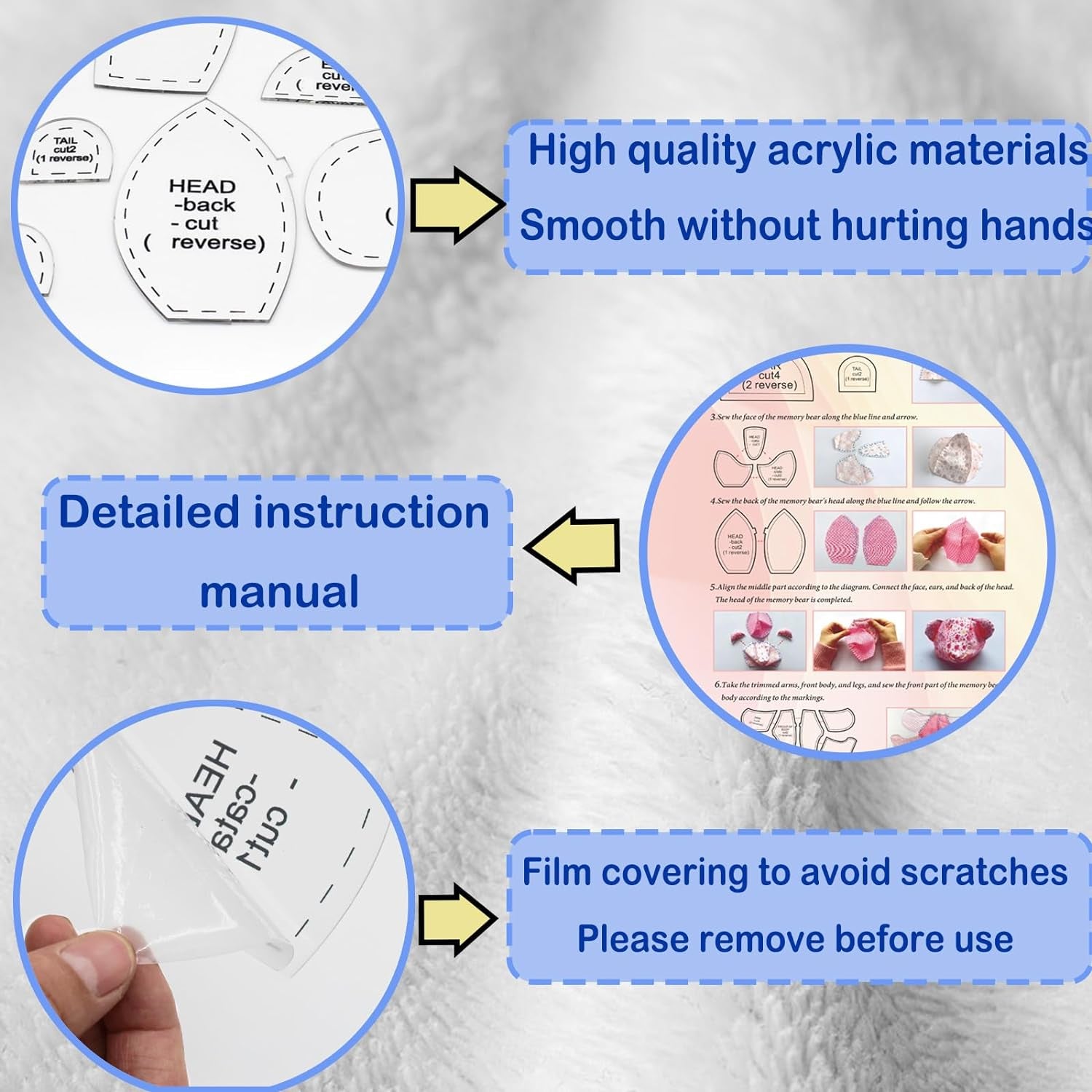 Acrylic Memory Bear Template Ruler Set with Detailed Instructions, Sewing Patterns for Beginners, Teddy Bear Quilting Templates (Sitting Height 6In)