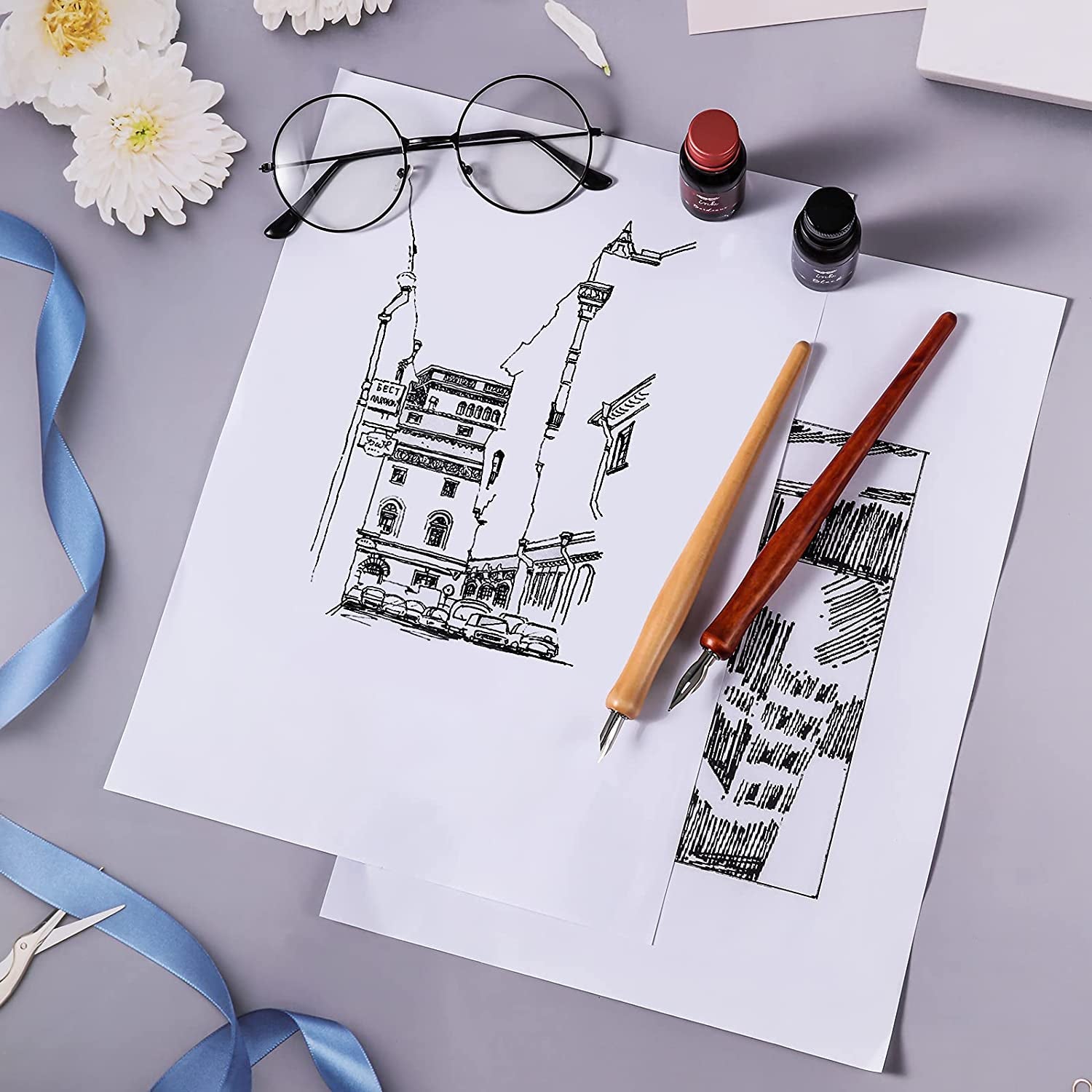 14 Pieces Dip Pen Nibs Holders with Comic Pen Nib Set Calligraphy Wooden Drawing Pen Holder with Stainless Steel Pen Nib for Writing Painting Signing Present