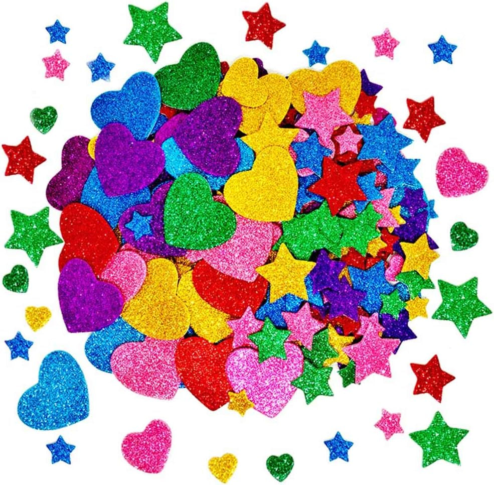 260 Pieces Colorful Glitter Foam Stickers Self Adhesive Stars Mini Heart Shapes Glitter Stickers, Kid&#39;S Arts Craft Supplies Greeting Cards Home Decoration Stars&amp;Heart Shapes