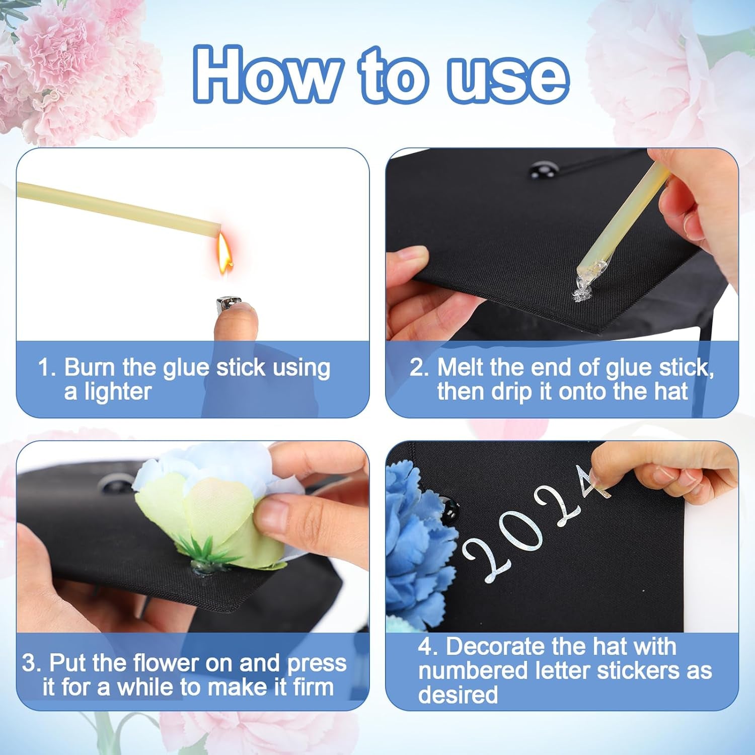 2024 Graduation Cap Decorations Kit - Grad Cap Topper Decor Included 3D Artificial Flowers & Gold and Silver Self-Adhesive Number Letter Stickers & Glue Sticks for DIY (Blue 26 Pcs)