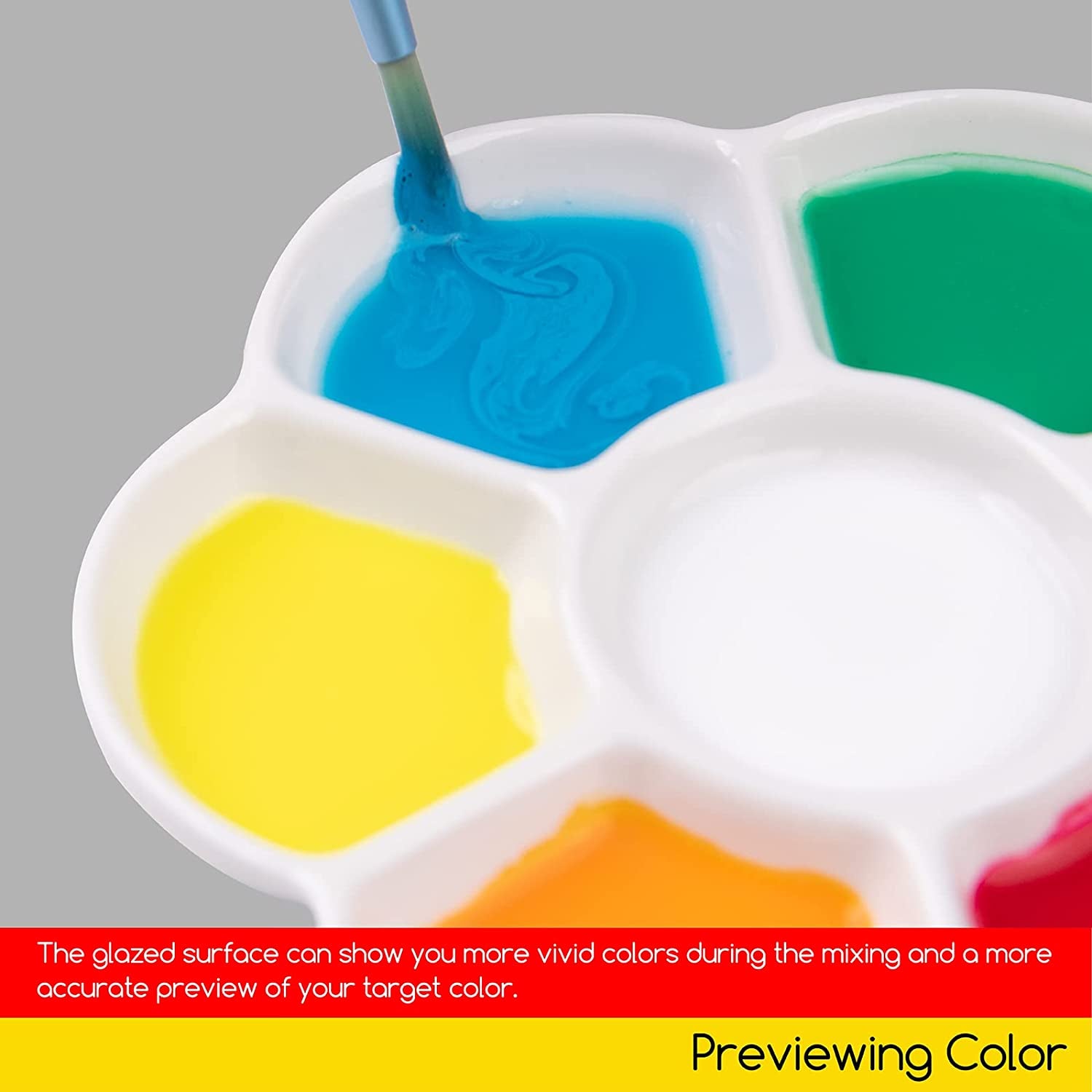 7-Well Studio Porcelain Paint Palette Tray,Artist Mixing Colour Tray by 4-3/4 Inches for Watercolor Gouache Painting,Round,White
