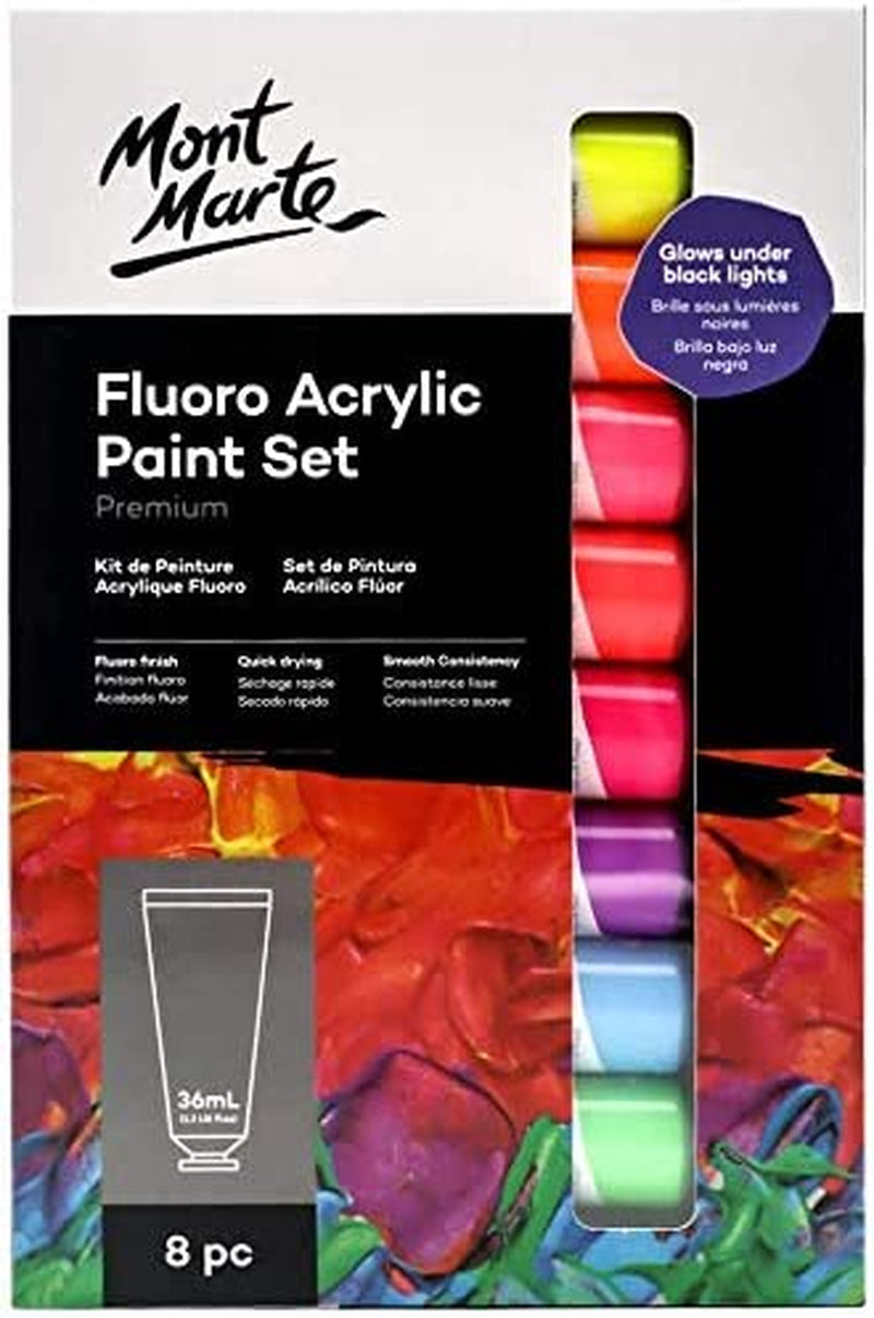 Fluoro Acrylic Paint Set, 8 X 1.02Oz (36Ml) Tubes, 8 Colors, Suitable for Most Surfaces Including Canvas, Card, Paper and Wood