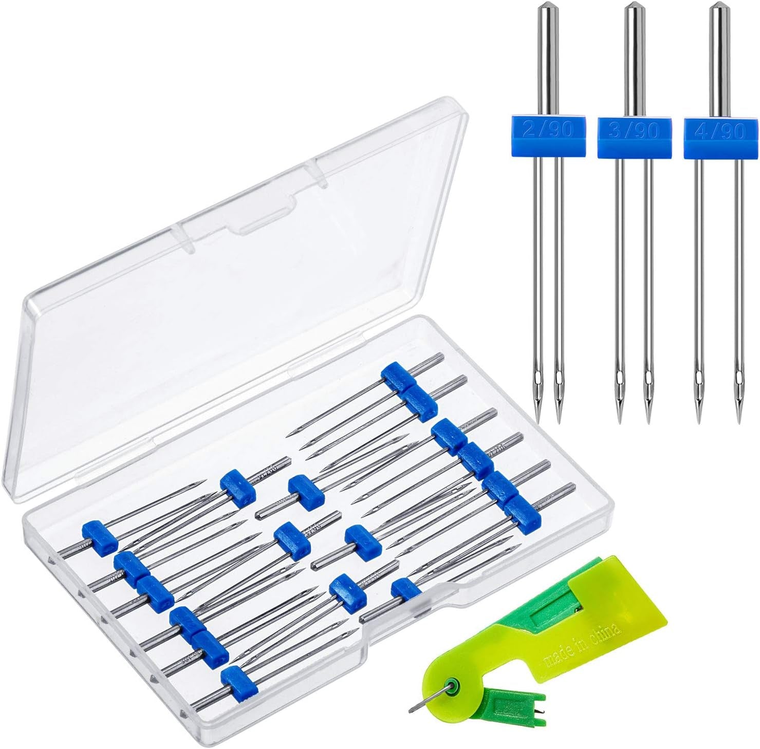 18 Pieces Sewing Machine Twin Needles Double Twin Needles Pins Twin Stretch Needles with Plastic Box, Automatic Needle Threader for Household Sewing Machine, 3 Mixed Sizes 2.0/90, 3.0/90, 4.0/90