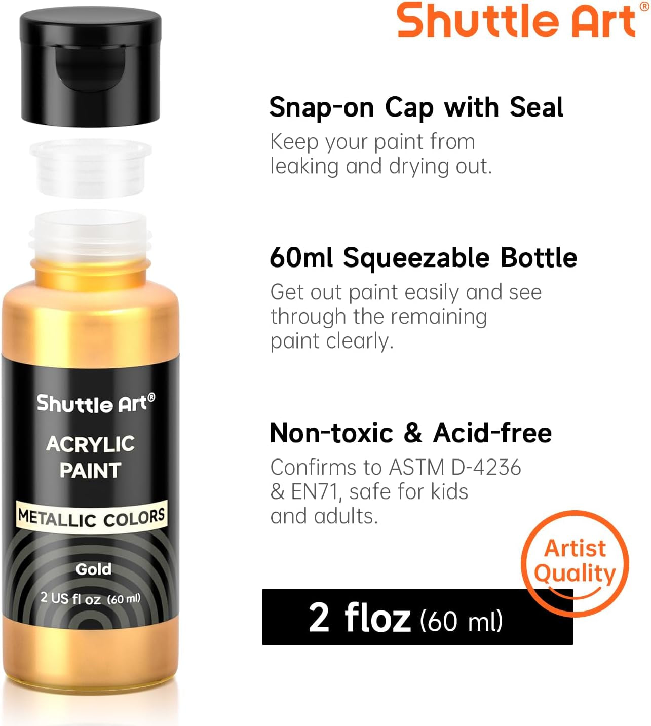 30 Colors Metallic Acrylic Paint, Artist Grade Metallic Paint in Bottles (60Ml, 2Oz), Rich Pigmented, High Viscosity, Non-Toxic for Artists, Beginners on Rocks Crafts Canvas Wood Fabric