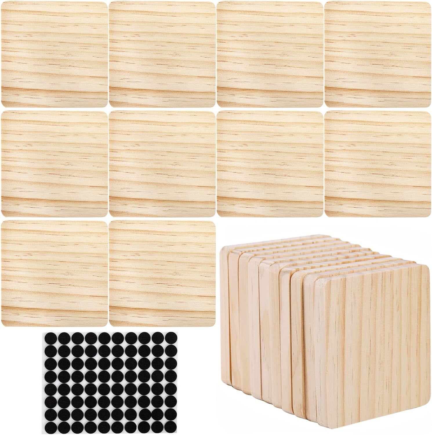 20PCS Unfinished Wood Coasters, Square Blank Wooden Coasters for Crafts, Thick Coasters with 80PCS Foam Knots for DIY Mosaic Coasters, Stained, Painted, Pyrography, Arts Craft, 4 X 4 In