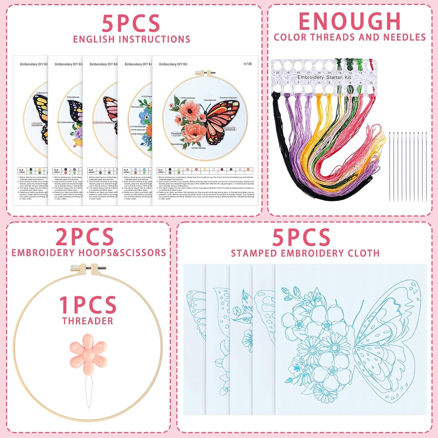5 Sets Embroidery Beginners Kit with Butterfly Flower Patterns and Instructions Cross Stitch Kits for Starter DIY Adult Kids Butterfly Pattern Embroidery Set with Cloth Hoops Needles Threads