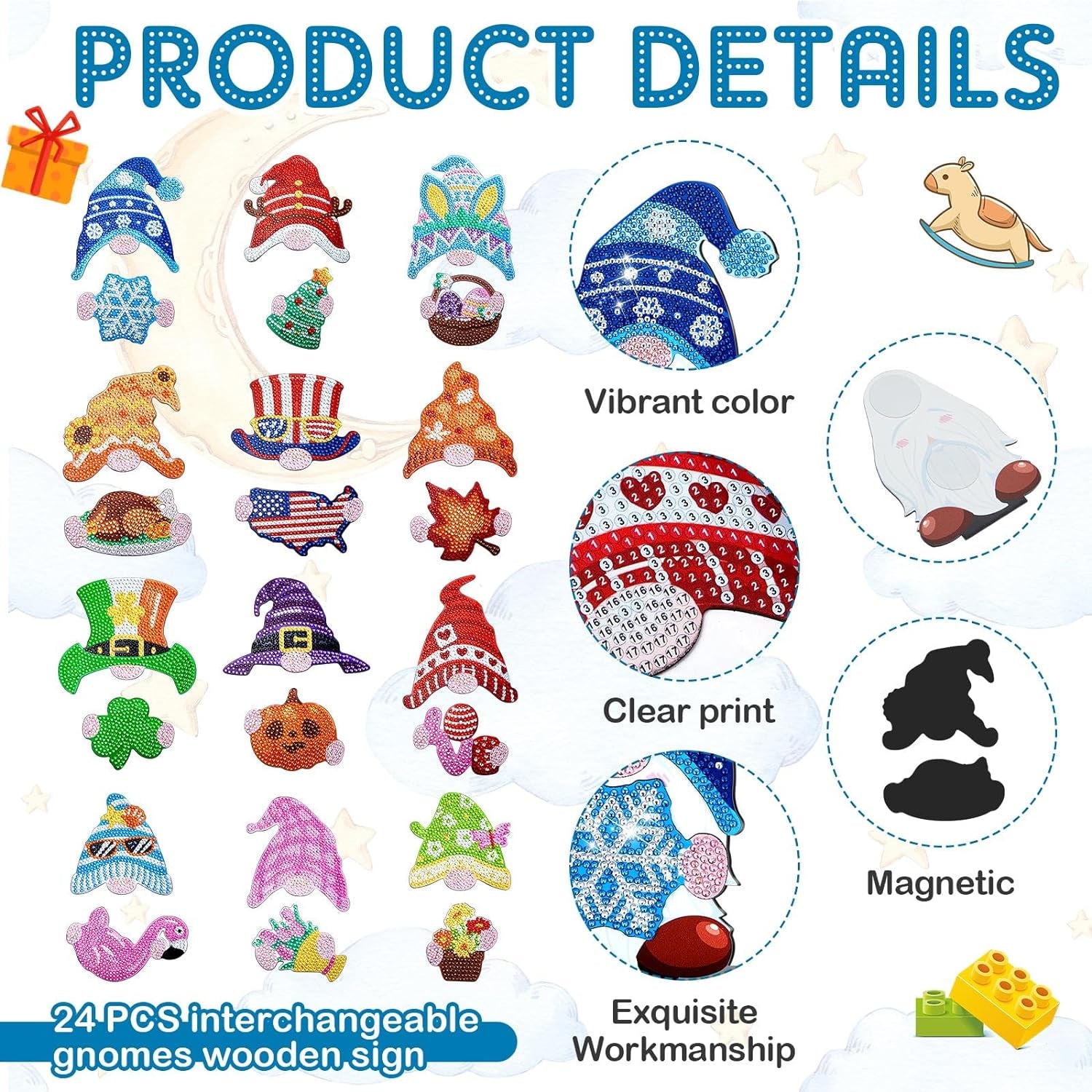 24 Pcs Magnetic Diamond Painting Interchangeable Gnome Stand Decor DIY Holiday Seasonal Tiered Tray Decoration with Magnet Pieces Detachable Fall Desk Decorations for Office Home