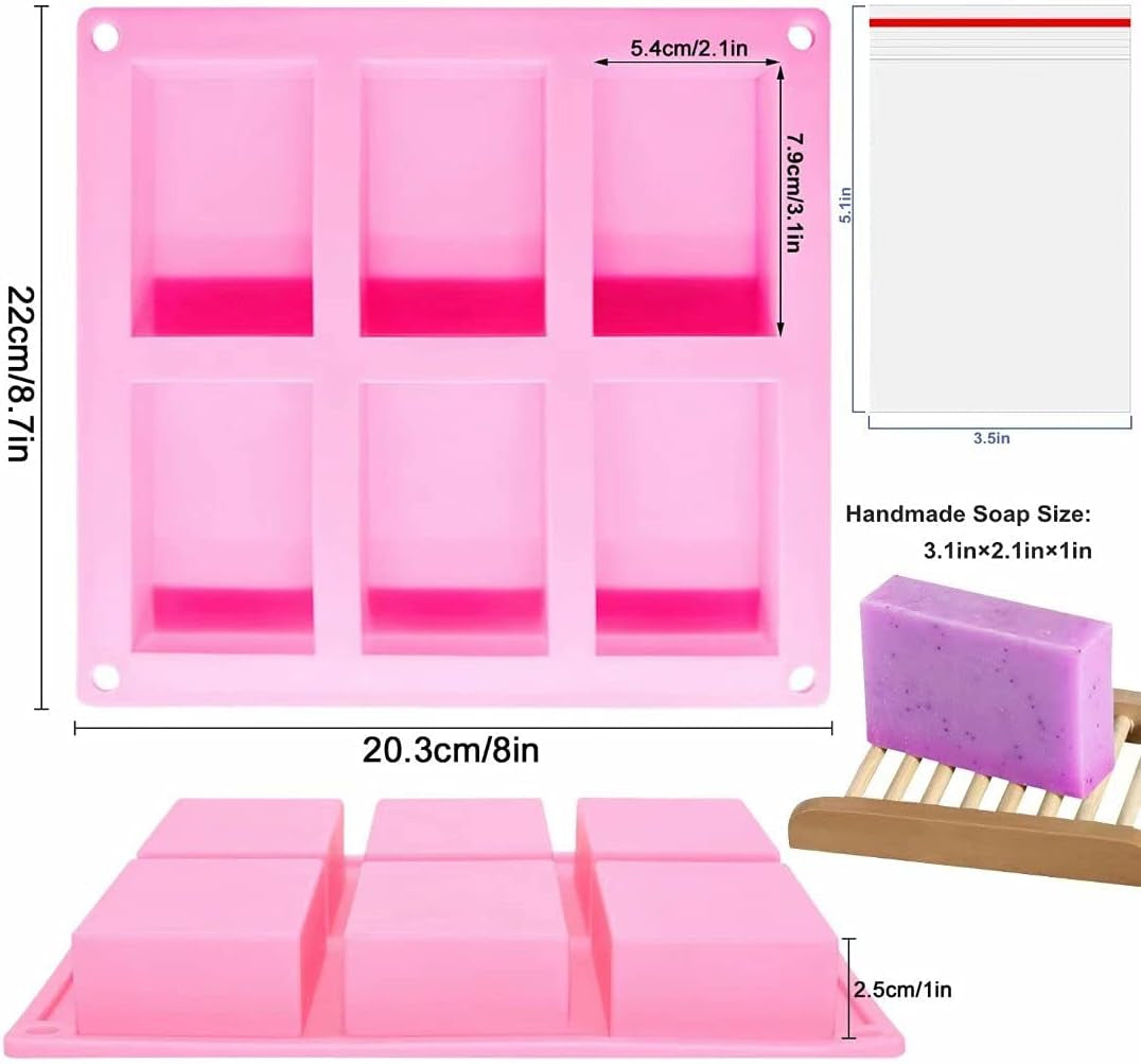 4 Pack Silicone Soap Molds,Rectangle Soap Mold,6 Cavities Silicone Molds for Craft Soap Making,Cake Chocolate Mold,With 100Pcs 3.5X5 Inches Bags