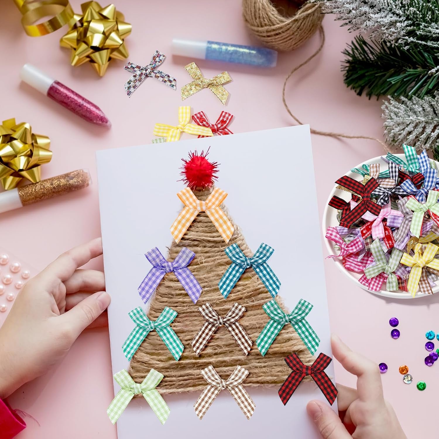 300 Pcs Mini Ribbon Craft Bows, Small Multicolor DIY Craft Tiny Bows for Presents Satin Decoration Bowknot for Gift Wrapping Hair Clip Flower Bouquet Wedding Birthday Sewing Scrapbooking (Plaid)