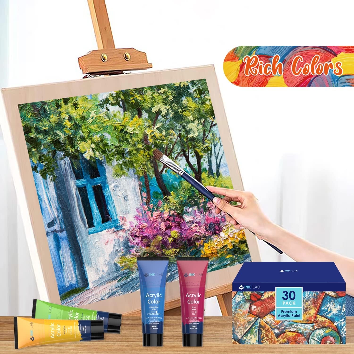 Acrylic Paint Set 30 Colors Craft Paints in Tubes with 10 Art Brushes Rich Pigment for Artists Beginners Kids Painting on Canvas Wood Fabric Crafts, 36Ml/Tube