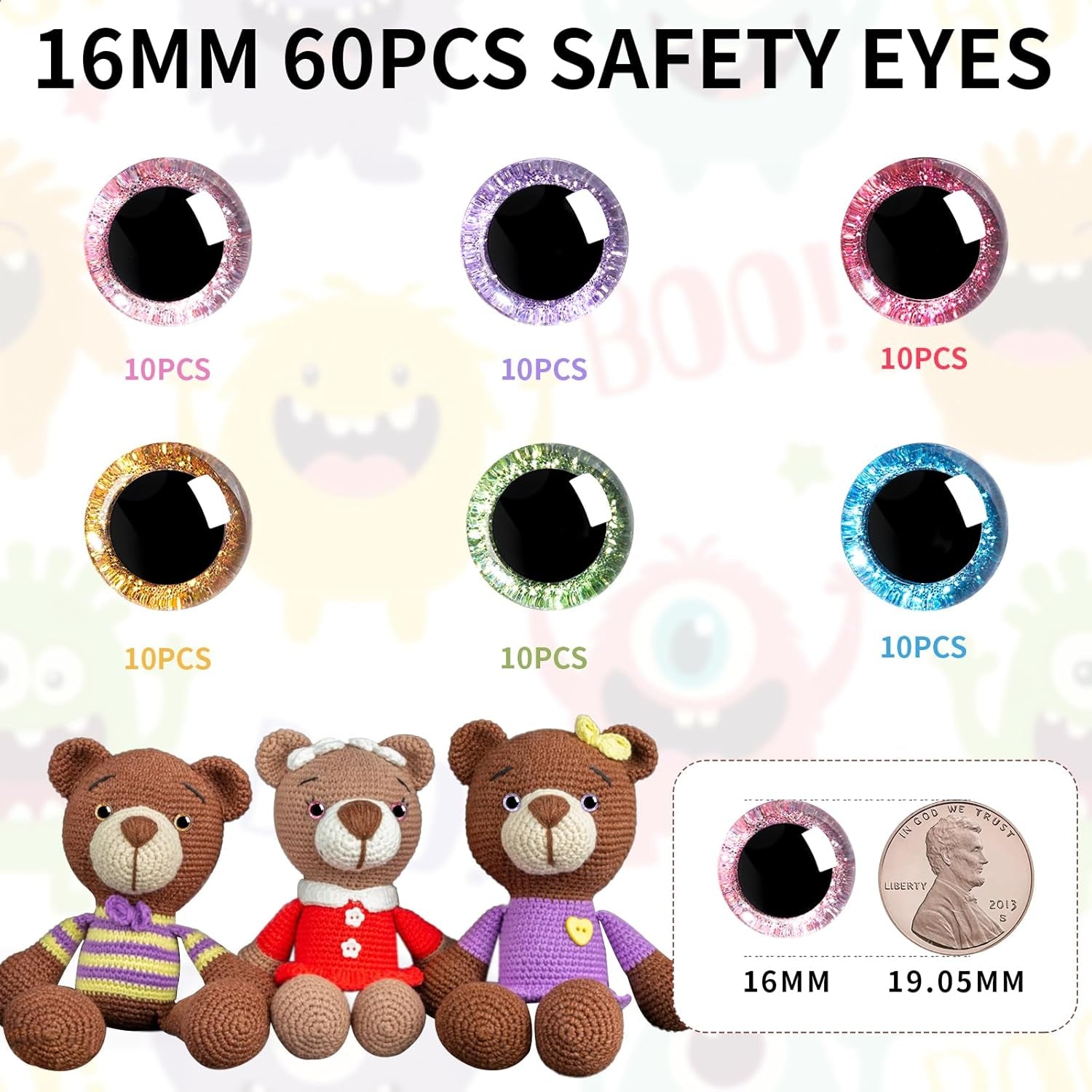 120Pcs 16Mm 3D Glitter Plastic Safety Eyes for Amigurumi Trapezoid Craft Crochet Doll Eyes with Washers Stuffed Animal Eyes for DIY of Puppet, Bear Plush Animal(6 Colors)