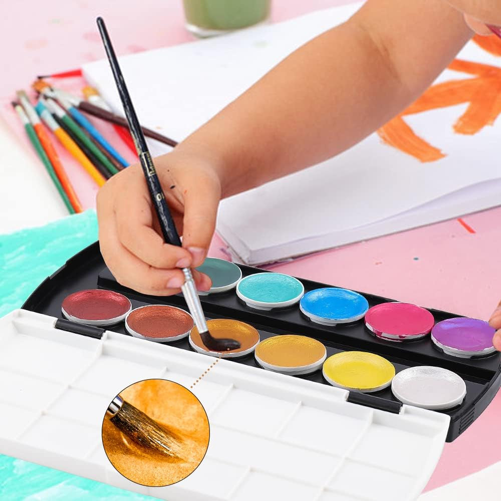 Glitter Metallic Watercolor Paints, 12 Assorted Colors, Portable Box with Water Brush, Sparkle Metallic Accents for Black Paper Drawing, Illustrating, Card Making, Coloring Books