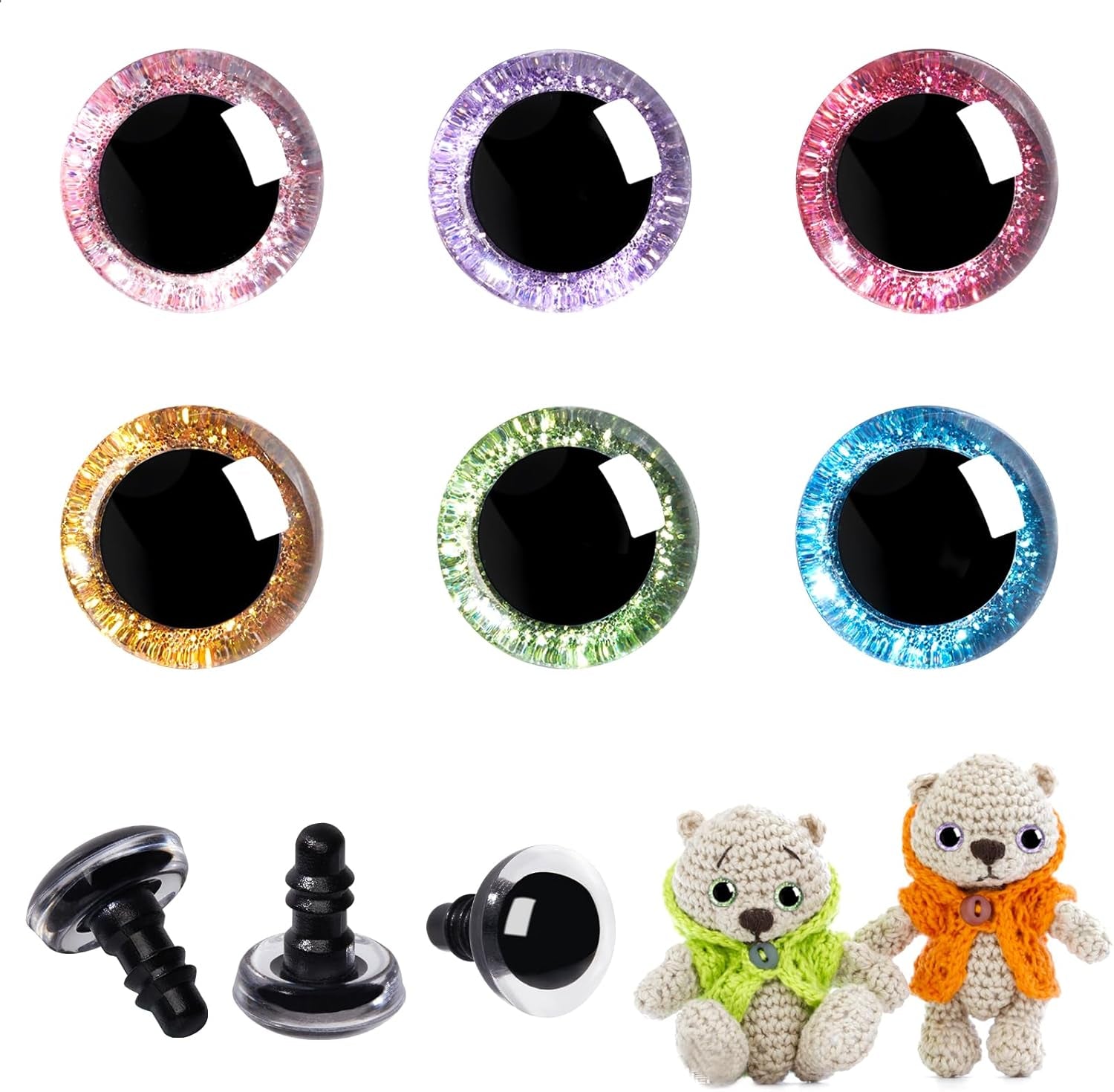 120Pcs 16Mm 3D Glitter Plastic Safety Eyes for Amigurumi Trapezoid Craft Crochet Doll Eyes with Washers Stuffed Animal Eyes for DIY of Puppet, Bear Plush Animal(6 Colors)