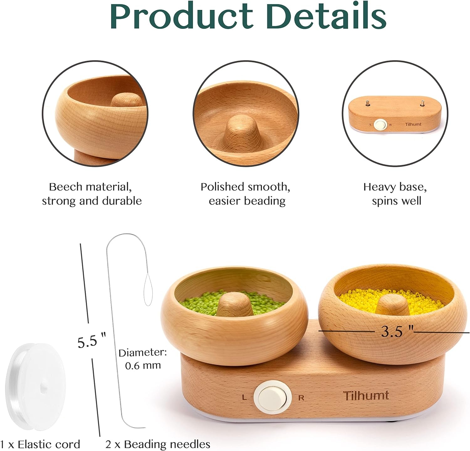 Electric Bead Spinner with 2 Bowls, Wooden Bead Spinner for Jewelry Making, Stepless Speed & Forward/Reverse Direction, Suitable for Seed Beads Clay Beads Pony Beads, Patent Design