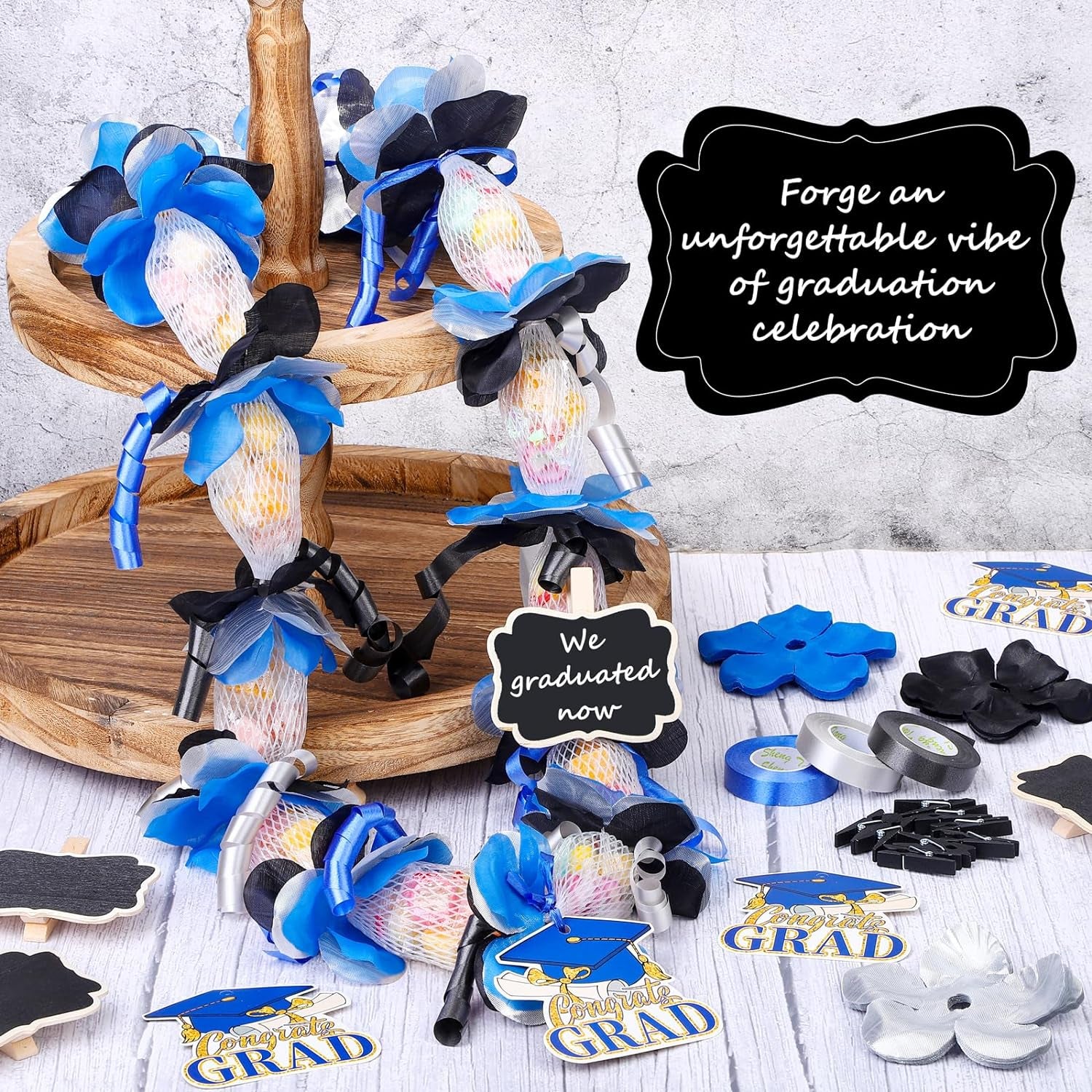 12 Sets 2024 Graduation Candy Lei Making Kit Candy Lei Tubing Include Mesh Poly Tubing 197 Yard Gift Ribbon Grad Petal Clip Mini Chalkboards Grad Cap Card for Crafts Graduation Party Gift, Blue