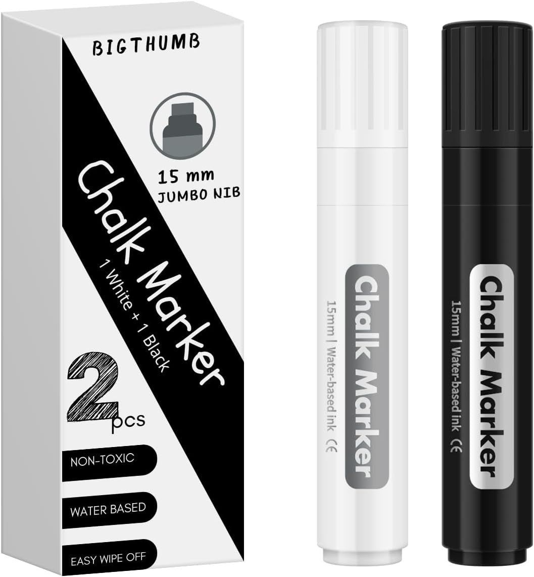 Liquid Chalk Markers Erasable Window Paint Pen: 15Mm Jumbo Wet Erase Glass Washable Markers Large Wide Tip 1 Black 2 White Chalk Markers for Chalkboard Blackboard Mirror Auto Car