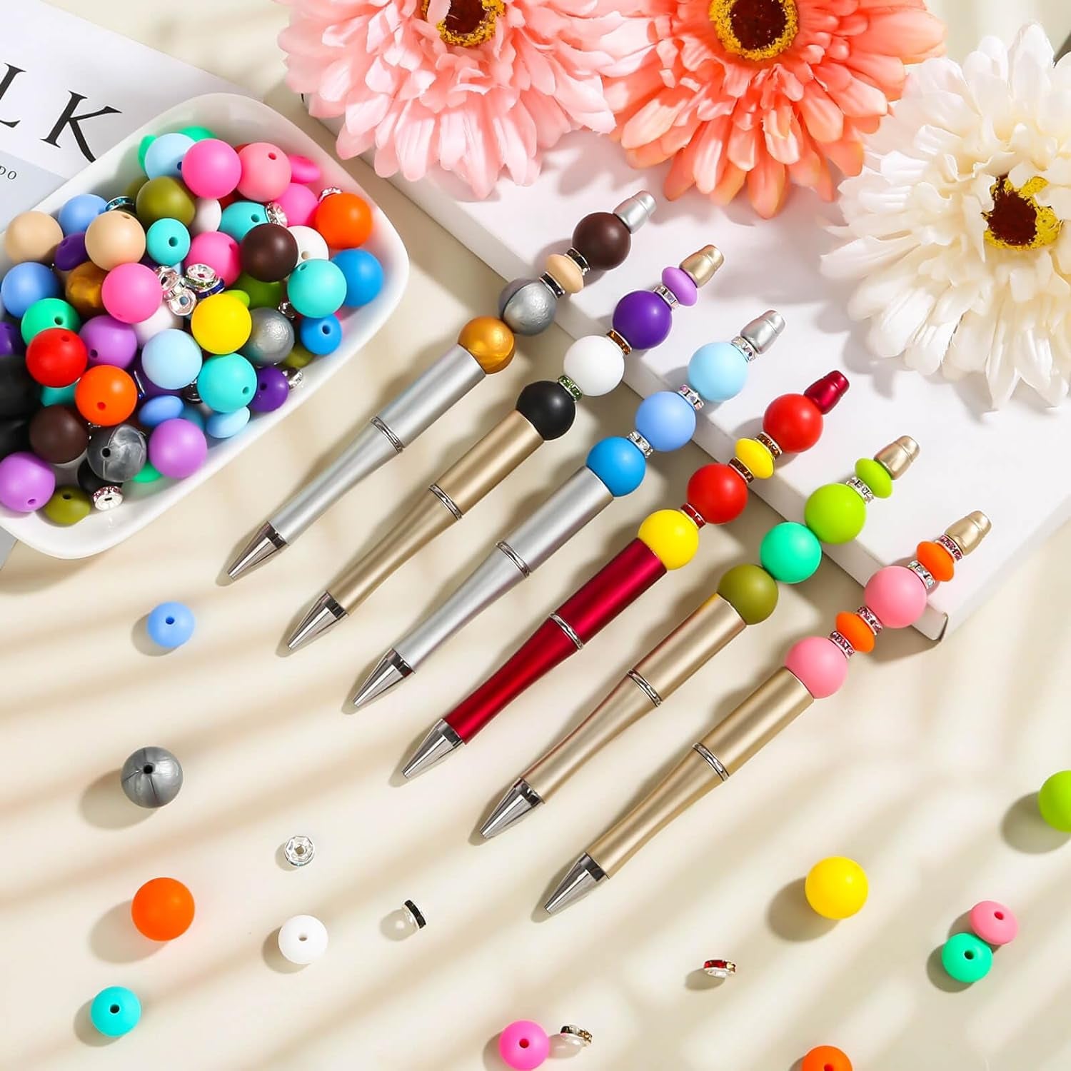 300 Pieces Focal Beads for Pens, 12Mm Silicone Lentil Beads, 15Mm Silicone round Beads and 8Mm Rhinestone Spacer Beads for Beadable Pen, Keychain Making and Jewelry Making