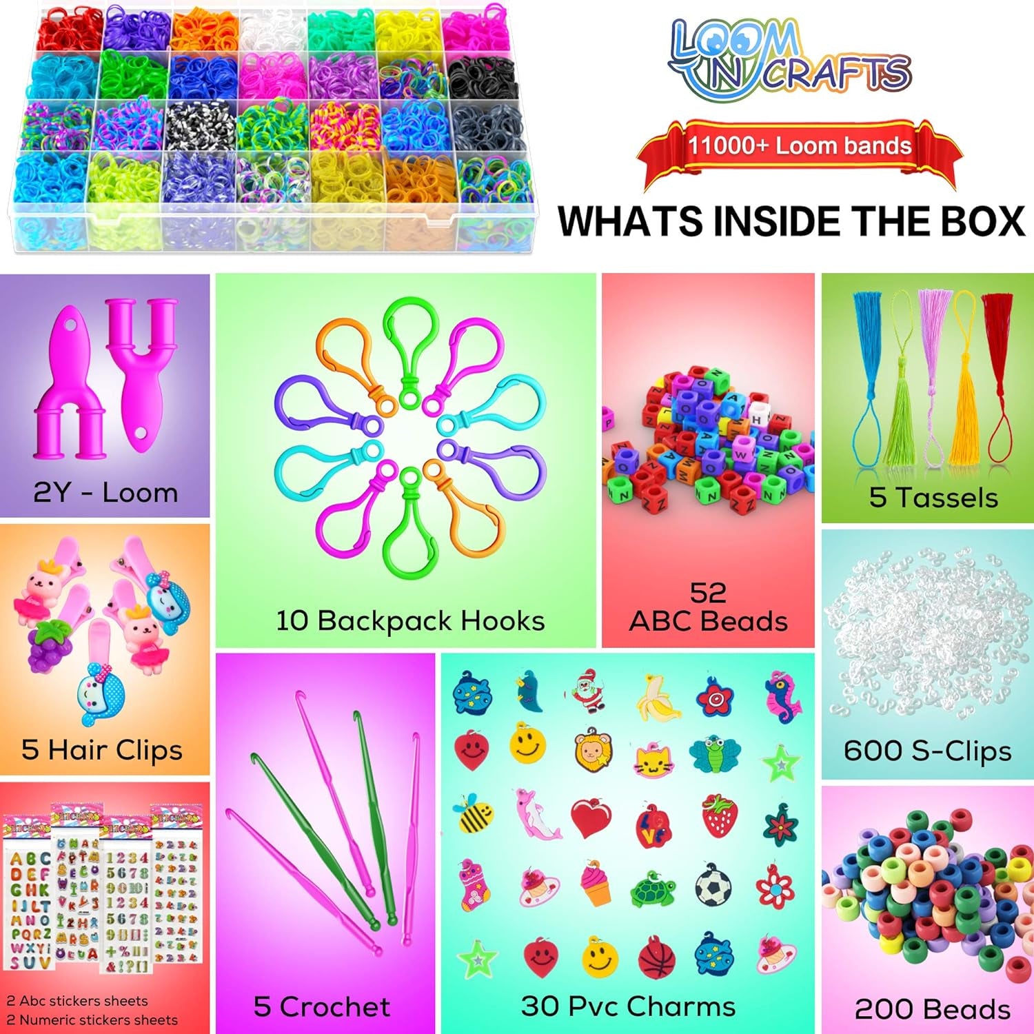 11,900+ Rubber Band Bracelet Refill Kit - 11,000 Premium Loom Bands in 28 Bright Colors, 600 S-Clips, 200 Beads, 30 Charms, 52 ABC Beads - Loom Bracelet Making Kit in a Huge Giftable Case
