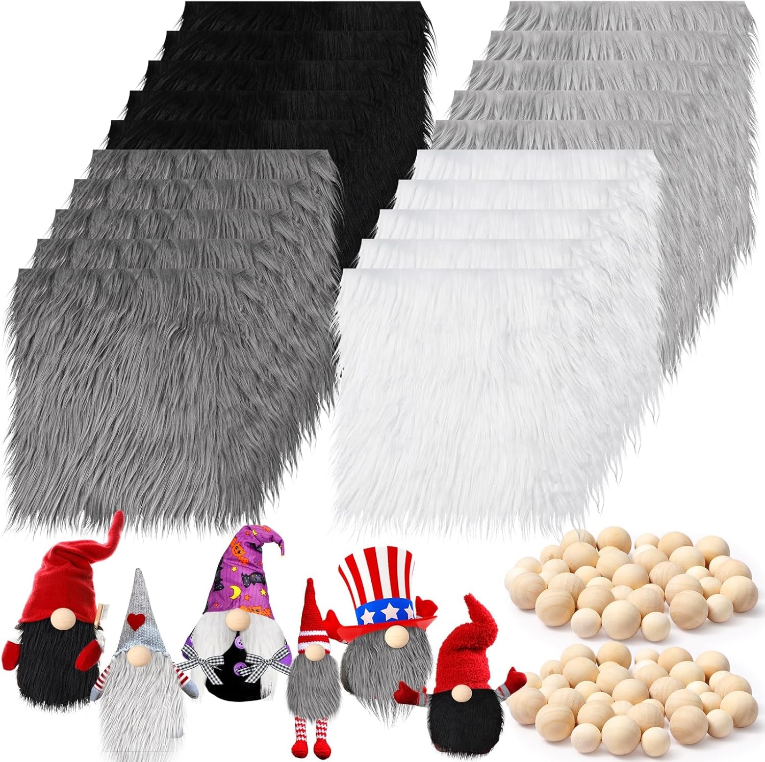 20 Pcs Faux Fur Fabric 10&quot; X 10&quot; with 40 Pcs Wood Balls Shaggy Faux Fur Square Patches, Gnome Beards for Crafting Sewing Costume Rug Pillow Cushion Pad Chair Cover Christmas (Bright Color)