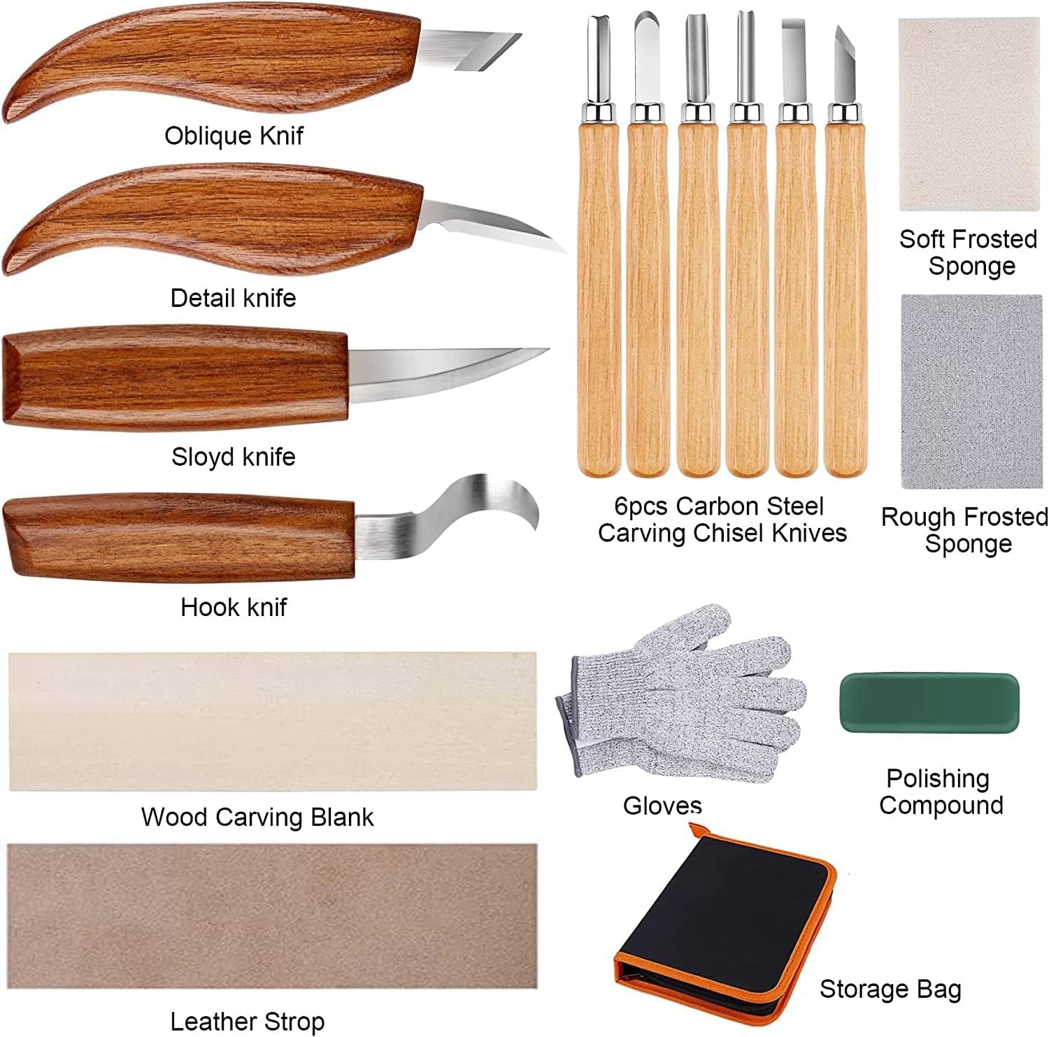 26-In-1 Wood Carving Kit with Detail Wood Carving Knife, Whittling Knife, Wood Chisel Knife, Gloves, Carving Knife Sharpener for Spoon, Bowl, Kuksa Cup (26PCS)