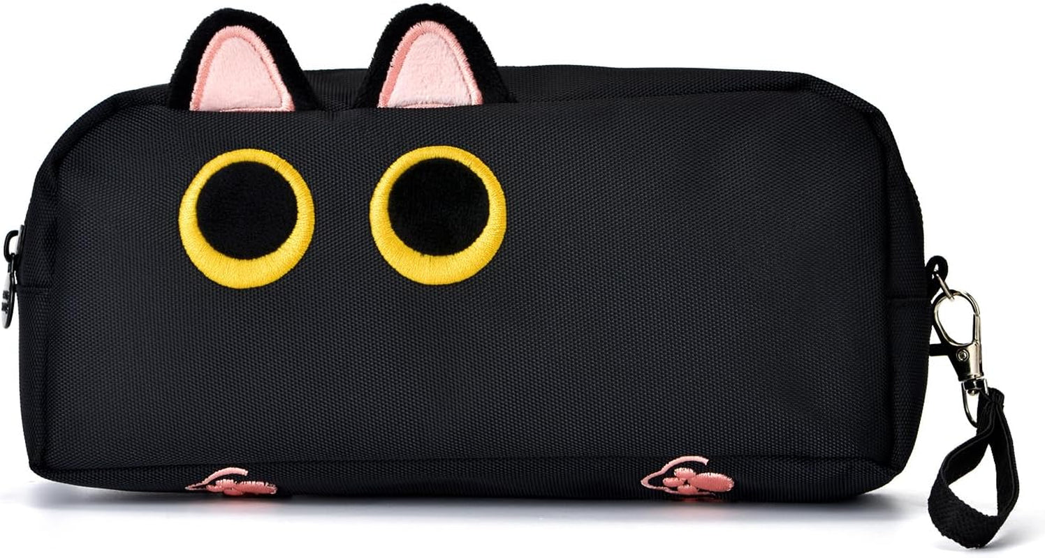 Hongdian Large Capacity Pencil Case Black Color, 3D Cat Pen Bags Pencil Pouch Organizer for Office College School