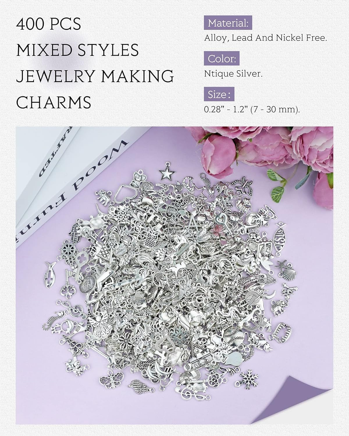 400 PCS Wholesale Bulk Lots Jewelry Making Charms Mixed Smooth Tibetan Silver Alloy Charms Pendants DIY for Bracelet Necklace Jewelry Making and Crafting
