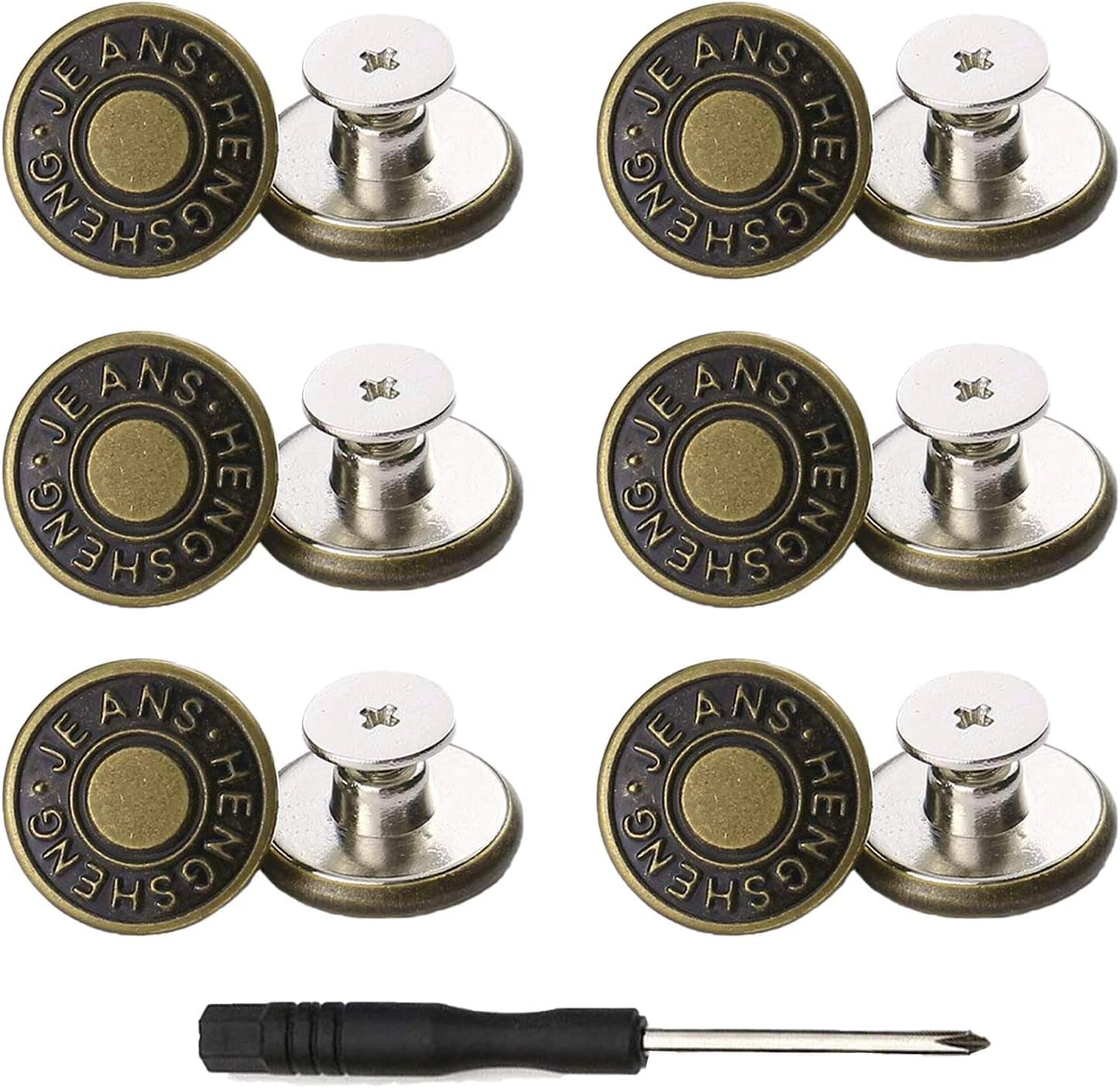 Buttons for Jeans,17 Mm No-Sew Nailess Removable Metal Jeans Buttons Replacement Repair Combo Thread Rivets and Screwdrivers,12 Replacement Buttons, Simple Installation, Reusable.