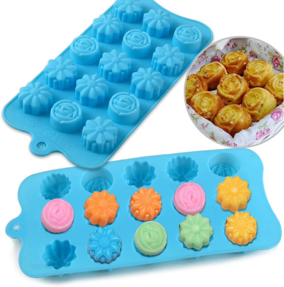 Flower Shape Silicone Molds, 4 Packs 15 Cavity Nonstick Food Grade Silicone Molds DIY for Chocolates, Candies, Ice Cubes, Jellos, Handmade Soap, and Bath Bombs