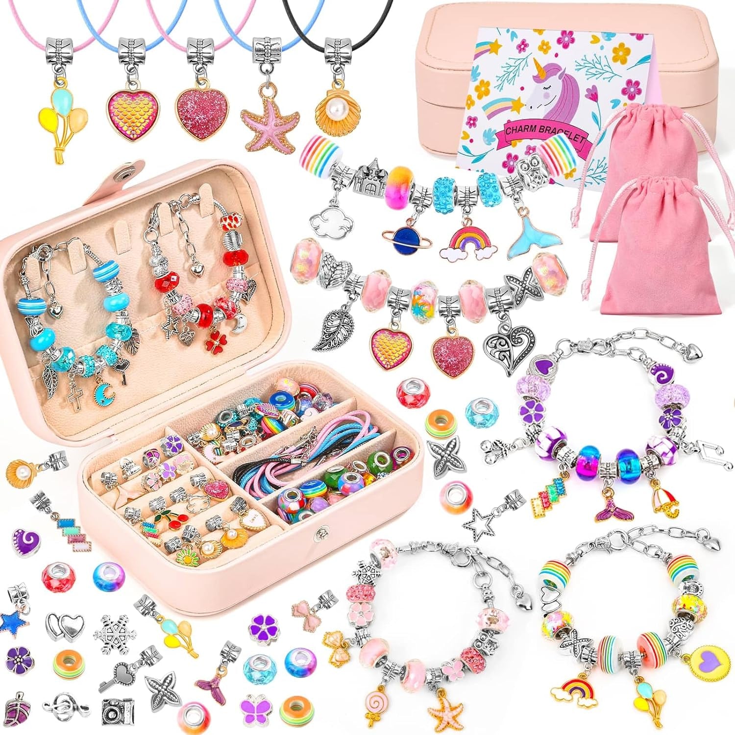 150Pcs Charm Bracelet Making Kit with Jewelry Box Girls Beads for Jewelry Making Kit with DIY Crafts Gift for Girls Bracelet Teen Women Birthday Valentine Gifts Christmas