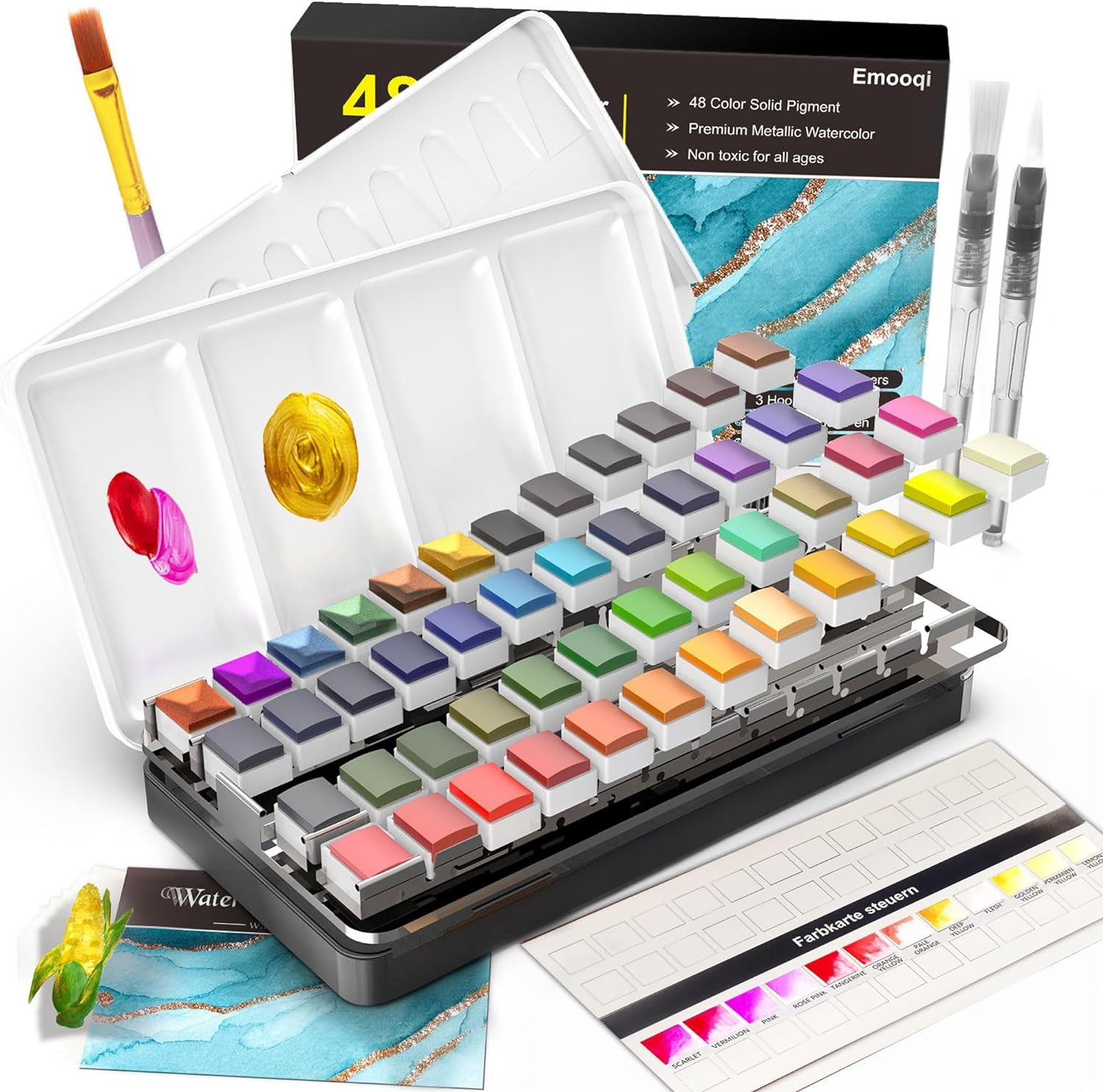 Watercolor Paint Set, 48 Colors Including 6 Metallic Colors in Portable Box, Travel Watercolor Set with Watercolor Papers and Brushes, Water Color Kits for Beginners & Artists