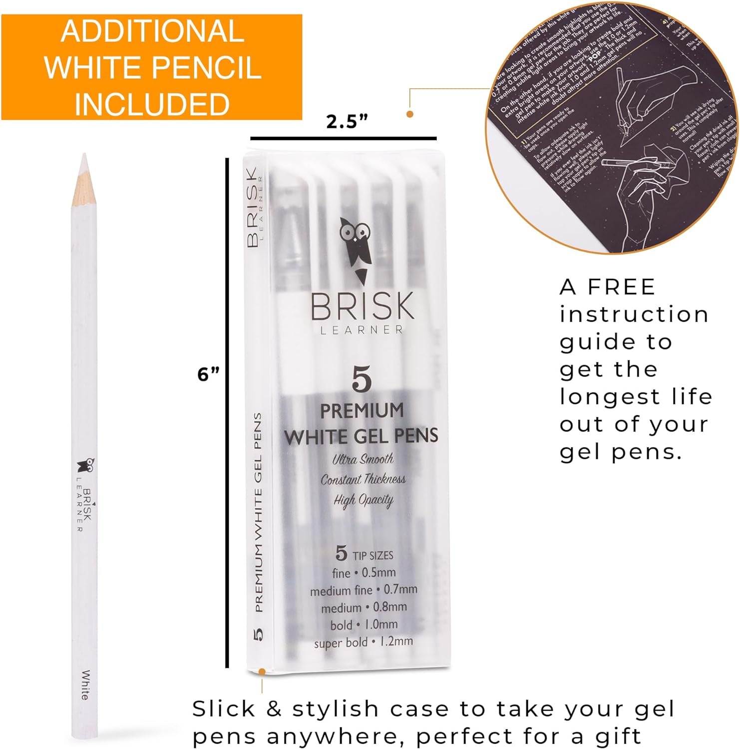 5 White Gel Pen - 5 Tip Sizes 0.5, 0.7, 0.8, 1.0, 1.2Mm for Art, Drawing, Journaling, Watercolor, Black Paper - White Graffiti Ink for Artists - Free White Pencil