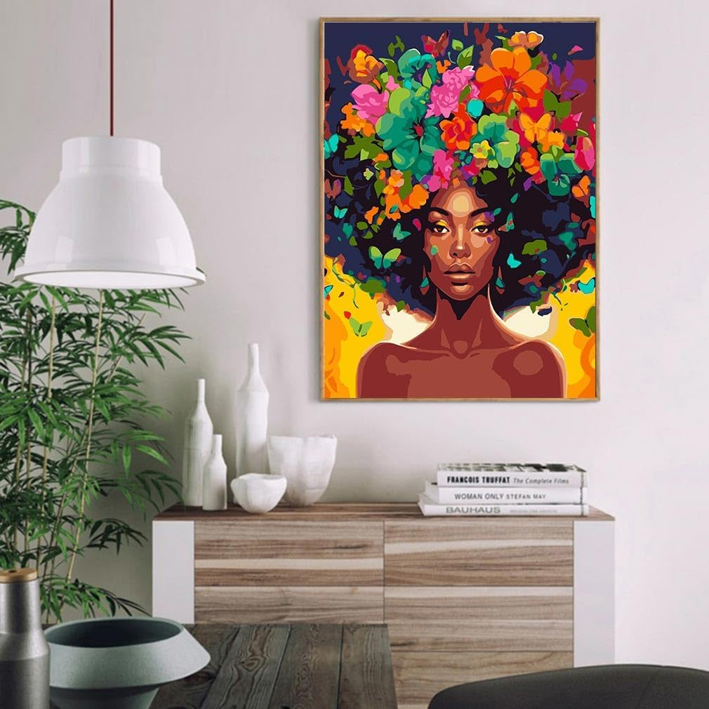 DIY African Woman Paint by Numbers for Adults Canvas, Flowers and Girl Paint by Number Kits on Canvas - Frameless Oil Painting Kits Arts and Crafts for Home Decor Present 16X20 Inch