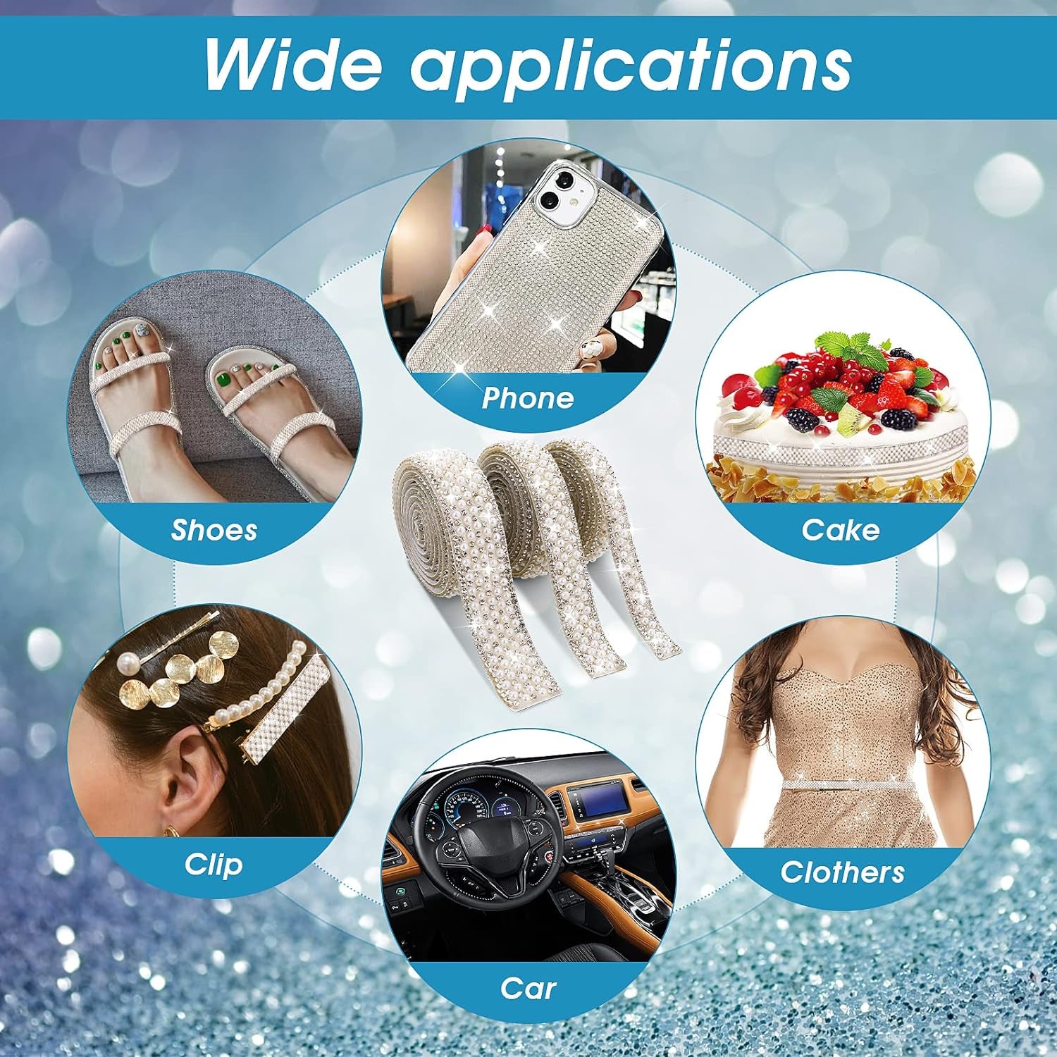 3 Rolls Pearl Ribbon Self Adhesive Pearl Rhinestone Ribbon Pearl Stickers Crystal Pearl Strips Rhinestone Strips Pearl Trim for Crafts DIY Wedding Birthday Party Phone Shoes Decoration