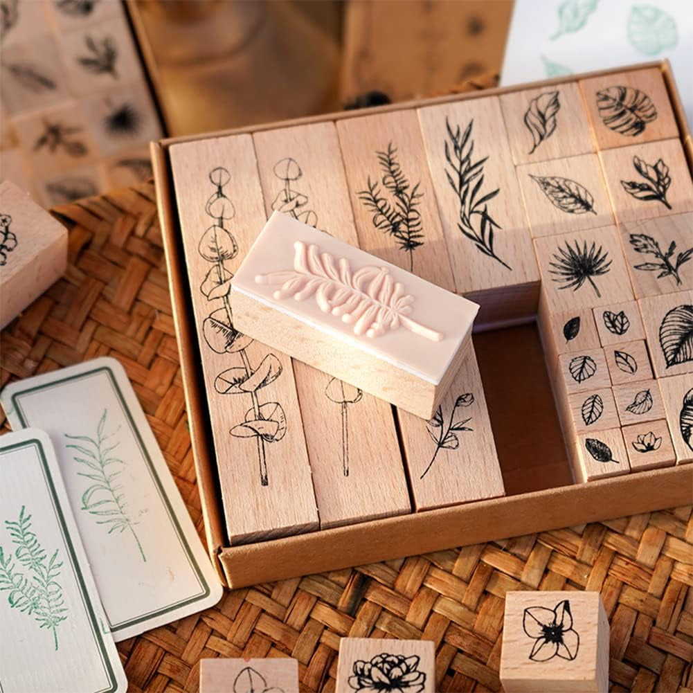 22 Pcs Plant Wooden Rubber Stamps Set, Plant Decorative Wooden Stamp DIY Craft Wooden Rubber Stamps (Plant 1)