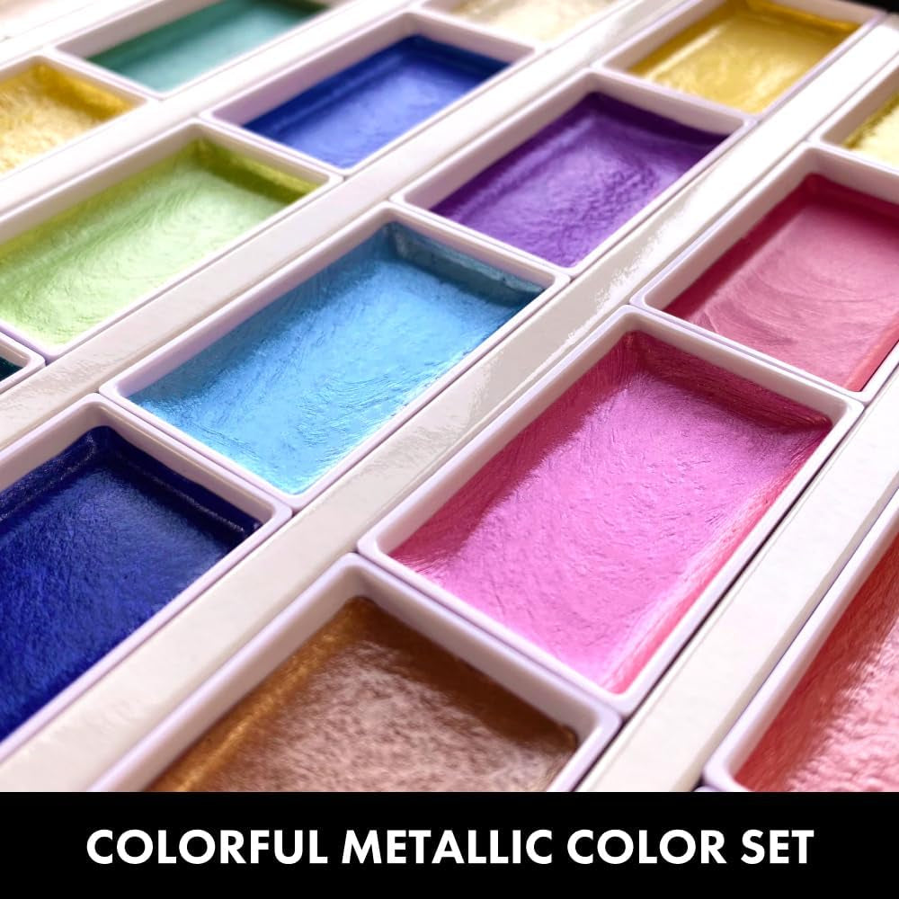 GANSAI TAMBI Watercolor Paint 24 Colors Set “Metallic Colors”, Professional-Quality, for Beginners Artists, Kids, Adults, Made in Japan
