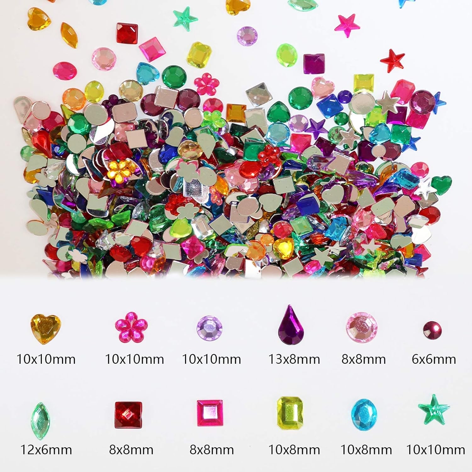 1200 Pcs Acrylic Flatback Rhinestones,12 Different Shape Gems for DIY Craft Jewels Gemstone Wedding Birthday Decoration (6-13Mm) (Acrylic)