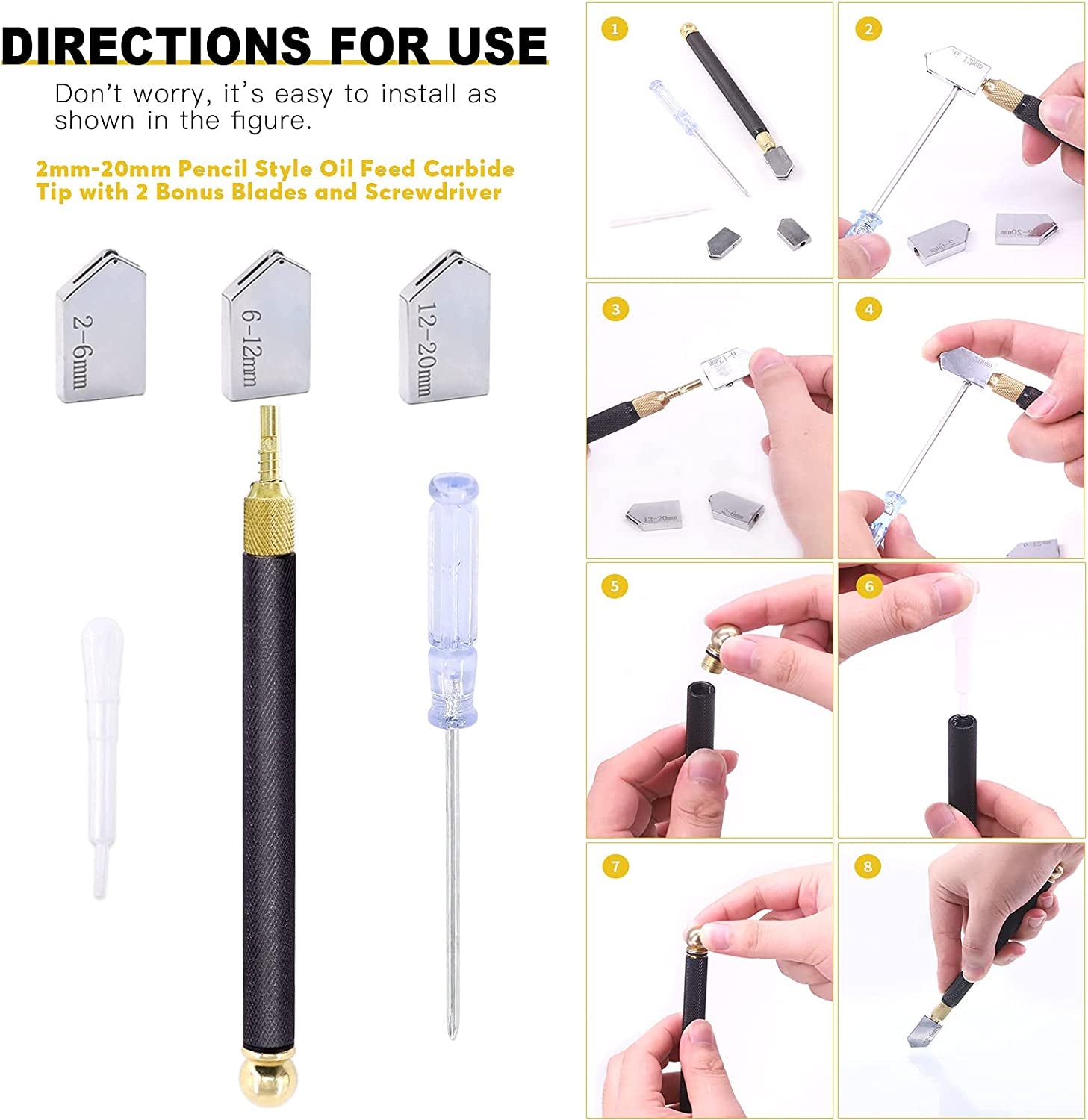 9 Pcs Glass Cutting Tool Set Kit Includes Adjustable Circular Glass Cutter, Glass Running Pliers with Rubber Tip, 2Mm-20Mm Oil Feed Carbide Tip with 3 Bonus Blades for Mirrors Tiles Mosaic