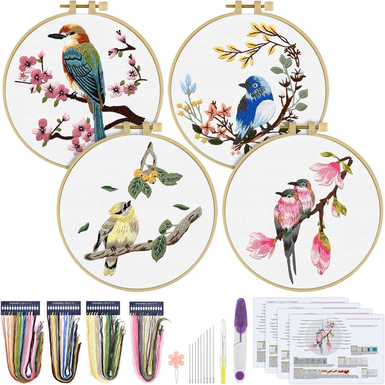 4 Sets Embroidery Kit for Beginners, Art Craft Handy Sewing Set Hummingbird and Flower Cross Stitch Starter Kits, DIY Embroidery Kits with Patterns and Instructions Hoops Needles Threads
