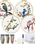 4 Sets Embroidery Kit for Beginners, Art Craft Handy Sewing Set Hummingbird and Flower Cross Stitch Starter Kits, DIY Embroidery Kits with Patterns and Instructions Hoops Needles Threads