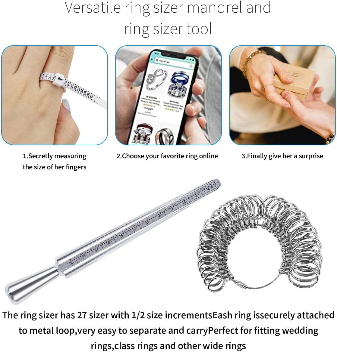 US Ring Sizing Kit,Gauge Set with Measuring Tool,Sizes 0-15 Steel Ring Mandrel.Finger Sizer1-13 with Half Size,Measuring Wedding Rings