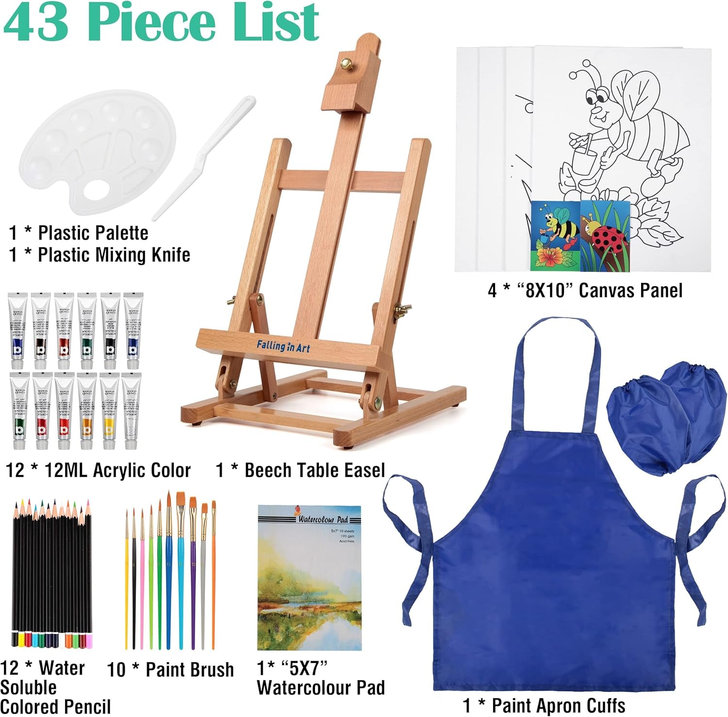 Painting Set for Kids with Table Easel-Acrylic Painting Starter Kit with Art Smock, 12 Acrylic Paints, 12 Water Soluble Colored Pencils, Paint Brushes, Canvas Panels and Watercolor Pad