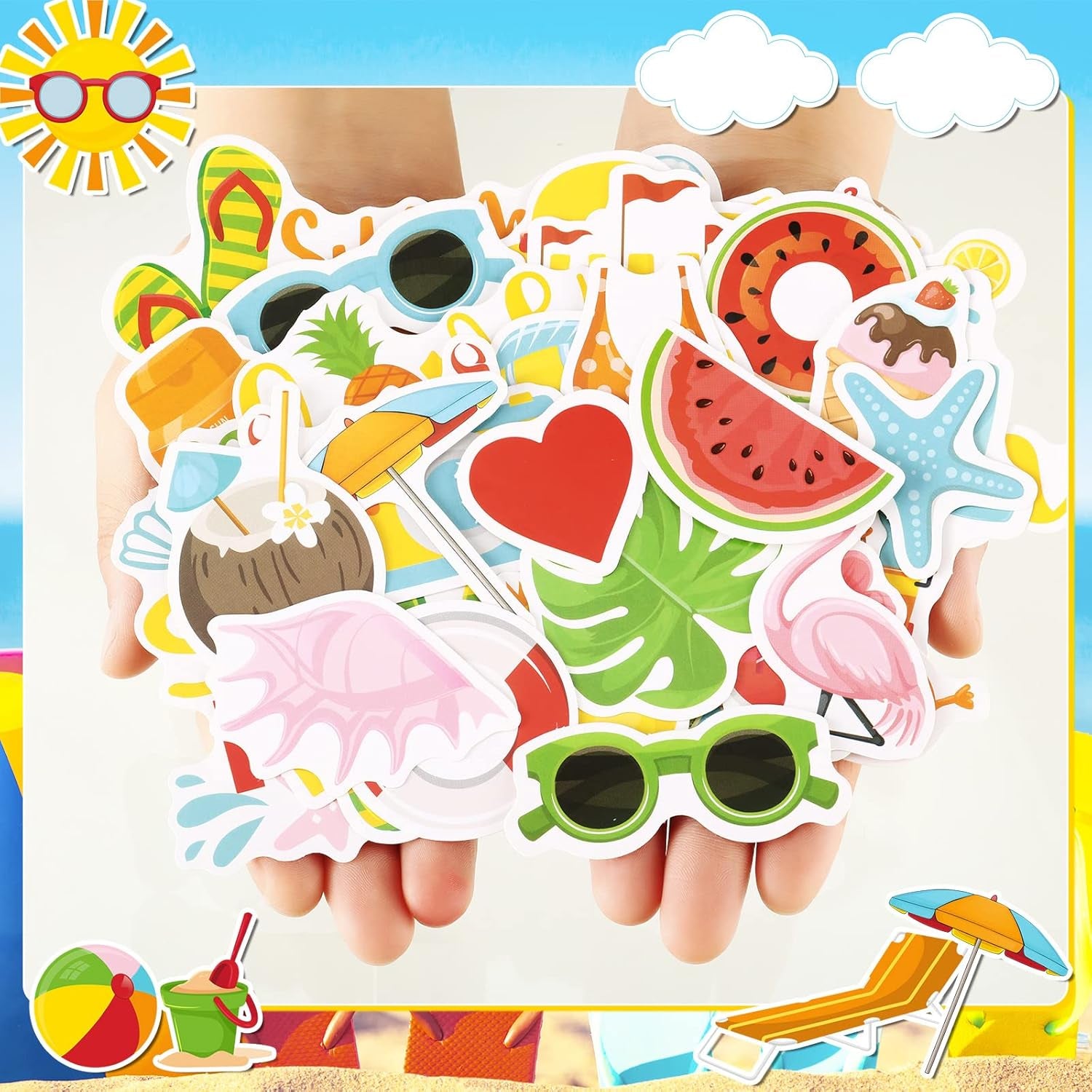 100 Pcs Summer Themed Paper Die Cuts Cardstock Scrapbook Die Cuts Scrapbooking Summer Cut Outs Scrapbook Embellishments for Summer Bulletin Board Decorations DIY Craft Making Supplies