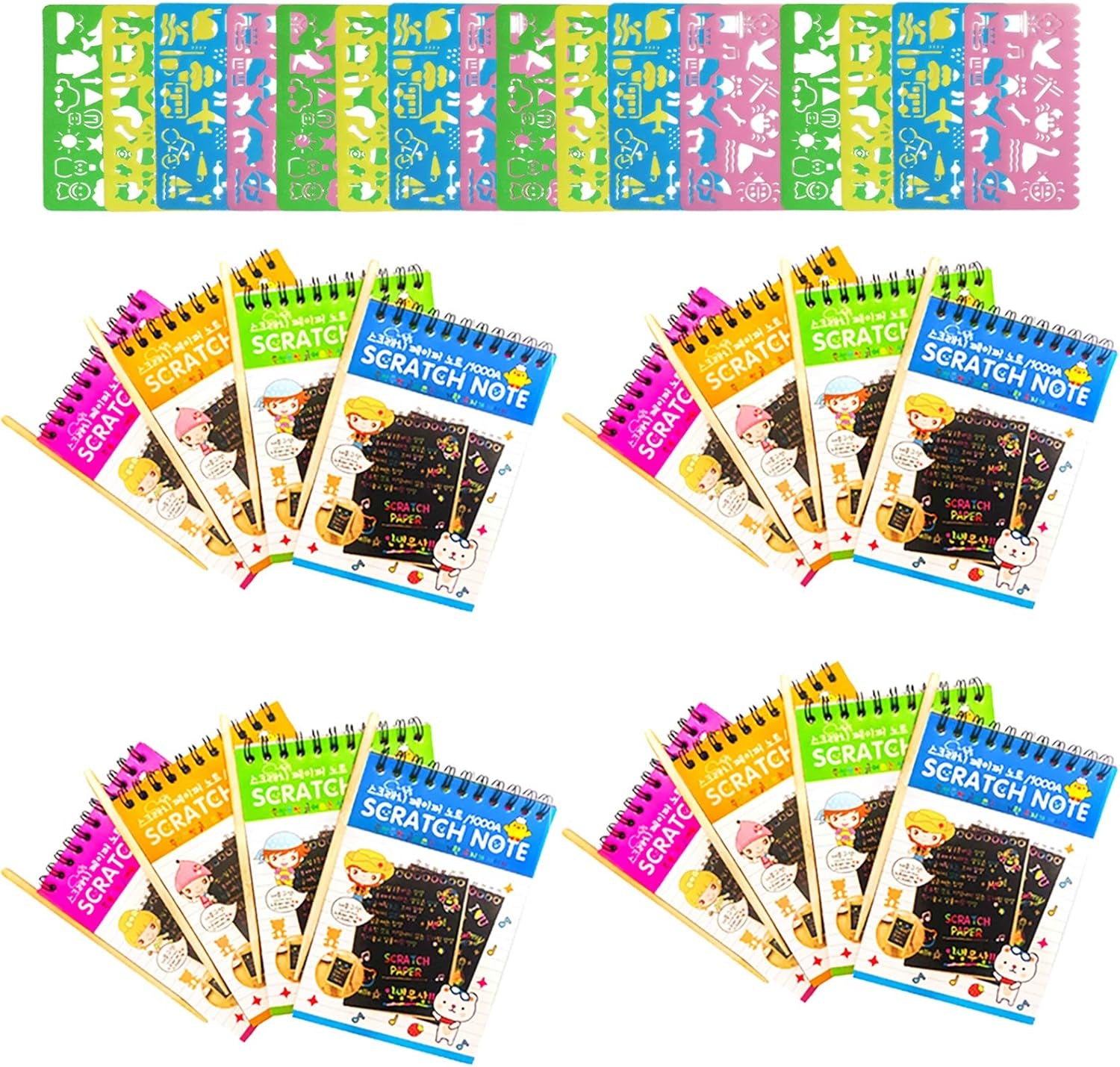 16 Pack Scratch Notebooks, Rainbow Scratch Note Combo Art Set, Magic Scratch Painting & Sketch Art Notes Drawing Notepads for Kids - Includes Drawing Stencil and Wooden Stylu with Each Note