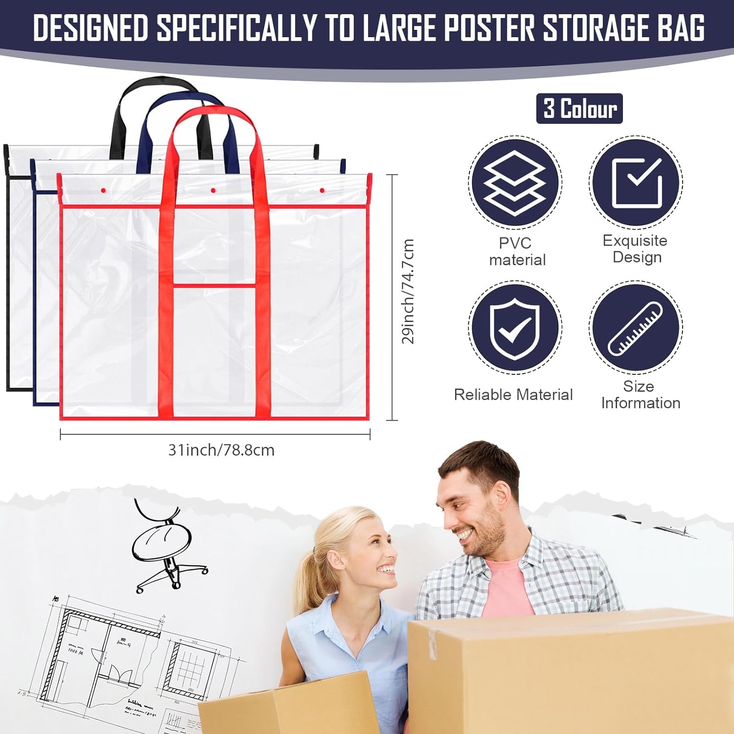 3 Pack Large Poster Storage Bag Bulletin Board Holder Art PVC Folder with Pocket Transparent Art Portfolio Organizer Storage Chart Container for Teacher Paper Teen(31 X 29")