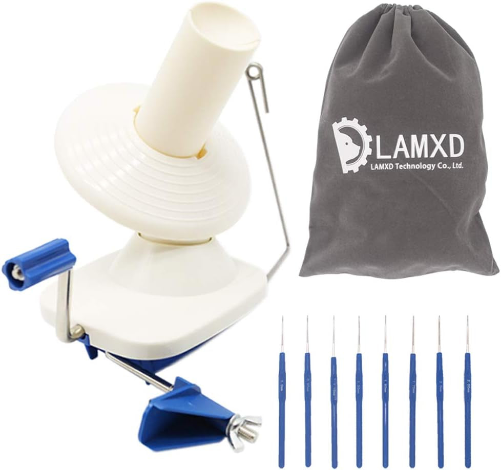 Needlecraft Yarn Ball Winder Hand Operated,Capacity 4-Ounce,Blue,Portable Package,Easy to Set up and Use,Sturdy with Metal Handle and Tabletop Clamp,Including 8 Sizes Crochet Hooks Set