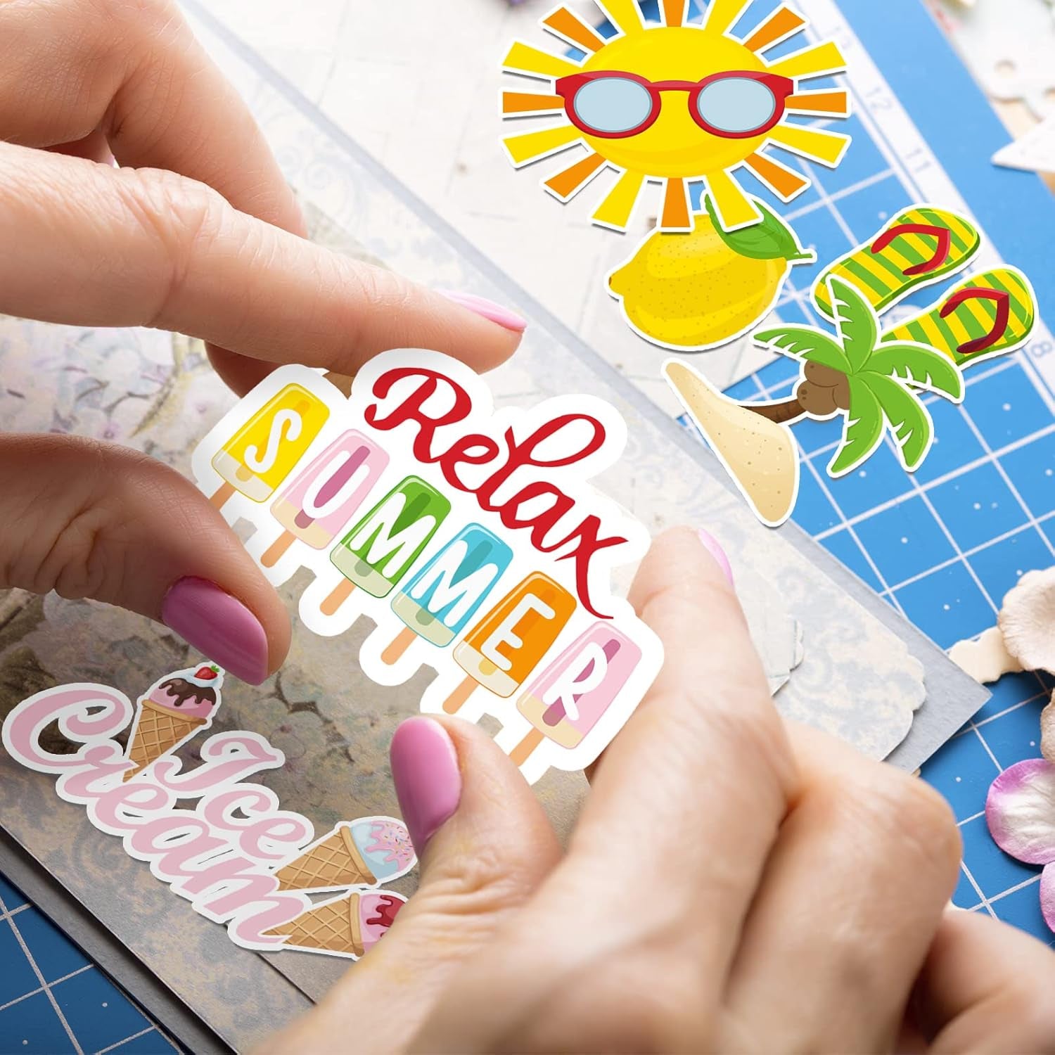 100 Pcs Summer Themed Paper Die Cuts Cardstock Scrapbook Die Cuts Scrapbooking Summer Cut Outs Scrapbook Embellishments for Summer Bulletin Board Decorations DIY Craft Making Supplies