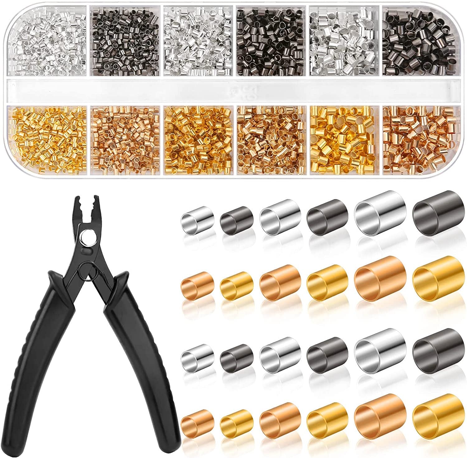 Crimping Beads for Jewelry Making, 2200 Pieces Crimp Tubes with Crimping Pliers for Earring Necklace Bracelet DIY Jewelry Making(3 Sizes, 4 Colors)